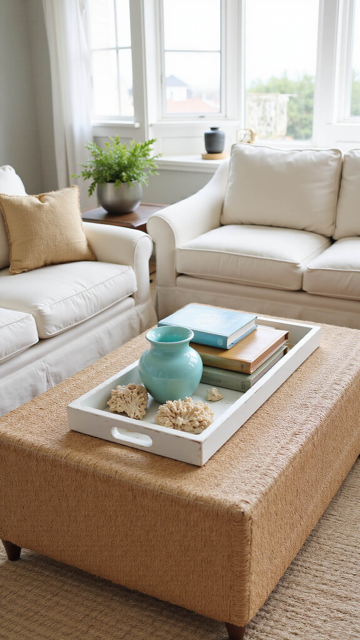 Overhead view of a coastal living room with rattan coffee table styled with coral, sea glass-colored decor, and books on a whitewashed tray atop a jute rug.