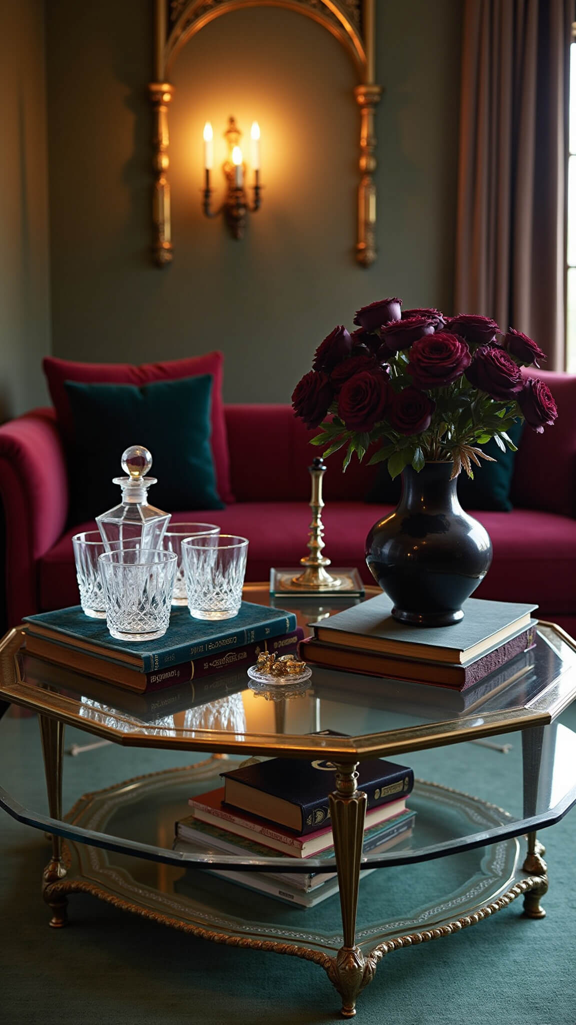 Moody maximalist living room at dusk with a Victorian-style glass and brass octagon coffee table, decorated with jewel-toned velvet books, a crystal decanter set, dark flowers in a black vase, and brass curiosities, illuminated by warm vintage sconces.