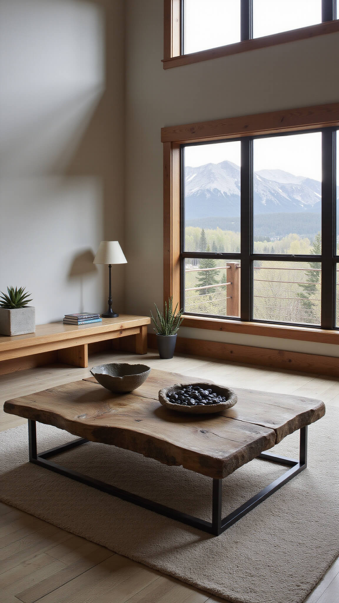 Mountain modern great room at sunrise featuring a reclaimed timber and black steel coffee table, styled with ceramic bowls, river stones, succulents, and art books in earth-tone palette.