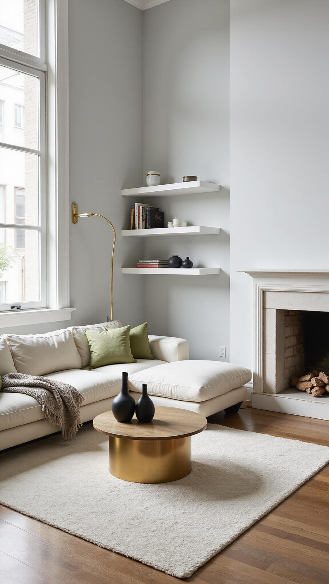 Modern 200 sq ft living room with cream L-shaped sofa, brass coffee table on ivory rug, sunlight streaming through floor-to-ceiling windows, and minimalist decor with sage accents.