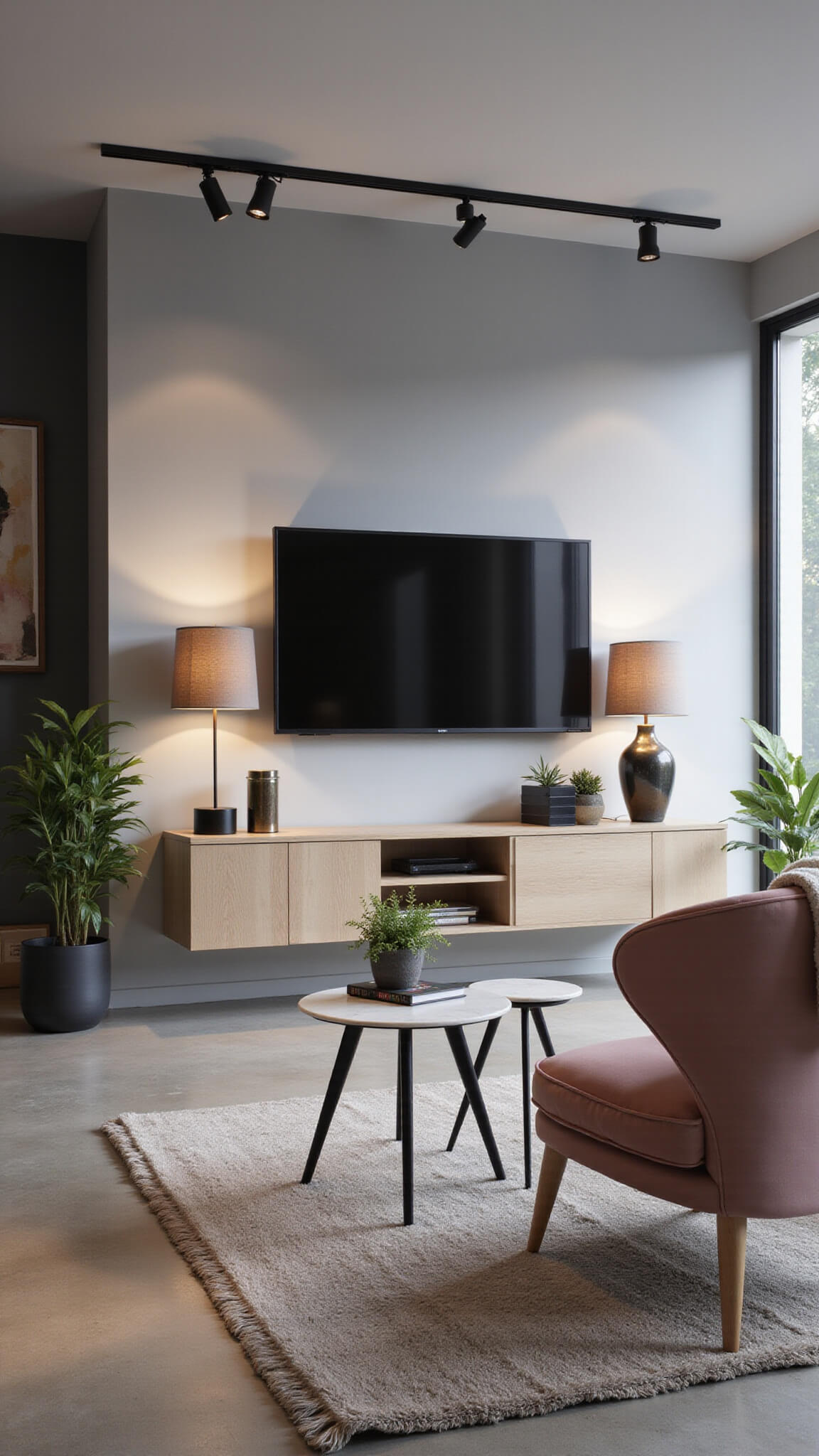 Scandinavian-style living room at dusk with bleached oak media unit, dusty rose velvet armchair, white marble nesting tables, and warm ambient lighting.