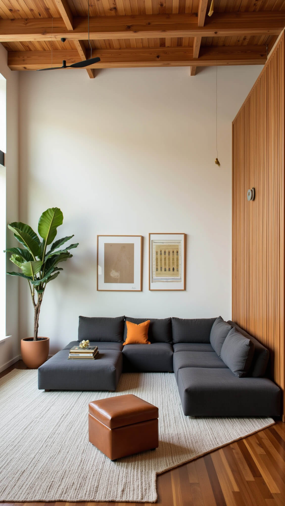 Mid-century modern 250 sq ft living room with high ceilings, wooden beams, modular charcoal sectional, cognac ottoman, slatted divider, and tall fiddle leaf fig bathed in golden hour light.