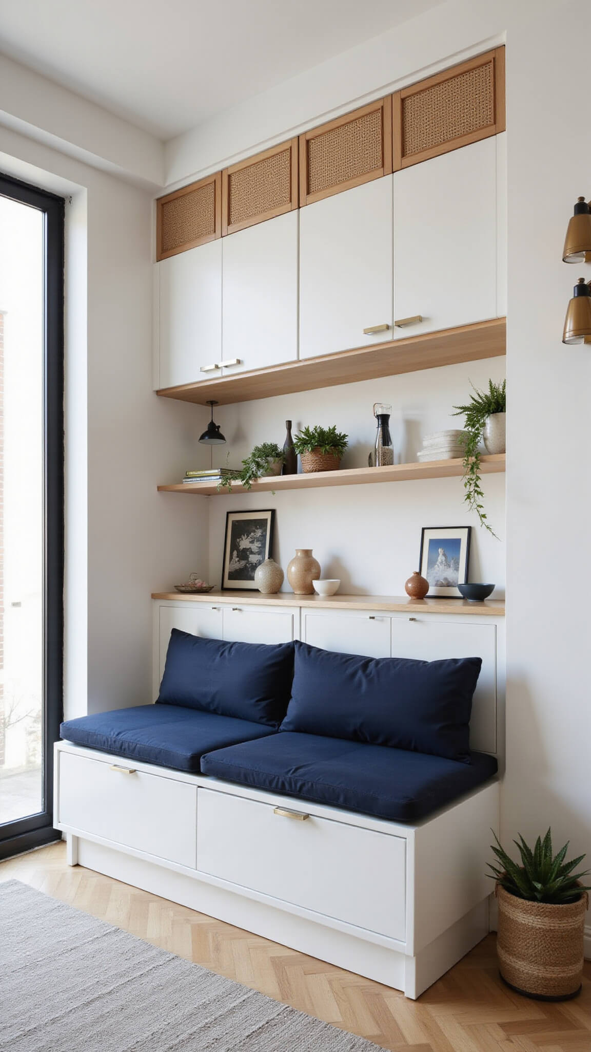 Compact 160 sq ft urban apartment with clever storage, navy convertible bench, white floating cabinets with rattan accents, layered lighting, and vintage decor.
