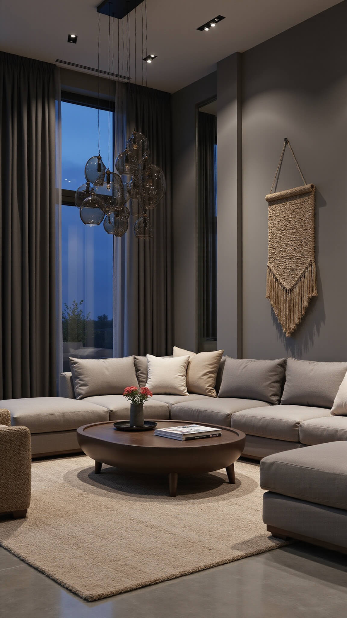 Contemporary 220 sq ft living area at blue hour with greige modular furniture, floor-to-ceiling mirrors, smoked glass pendant lights, and textured decor including bouclé chair, jute rug, and woven wall art.