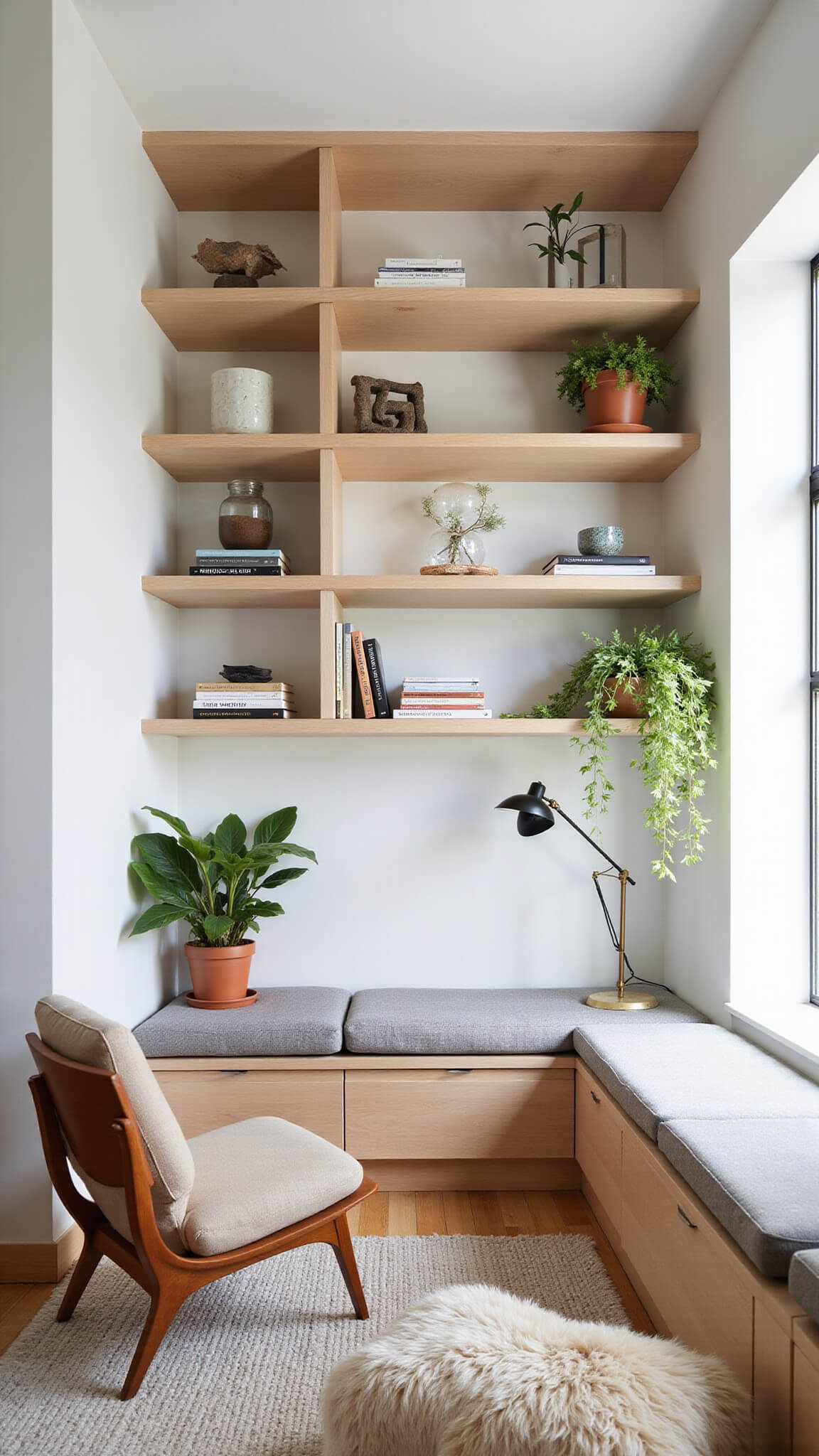 Scandinavian-style 190 sq ft multifunctional living space with open shelving divider, built-in window nook, compact workstation, light oak accents, and hanging plants.