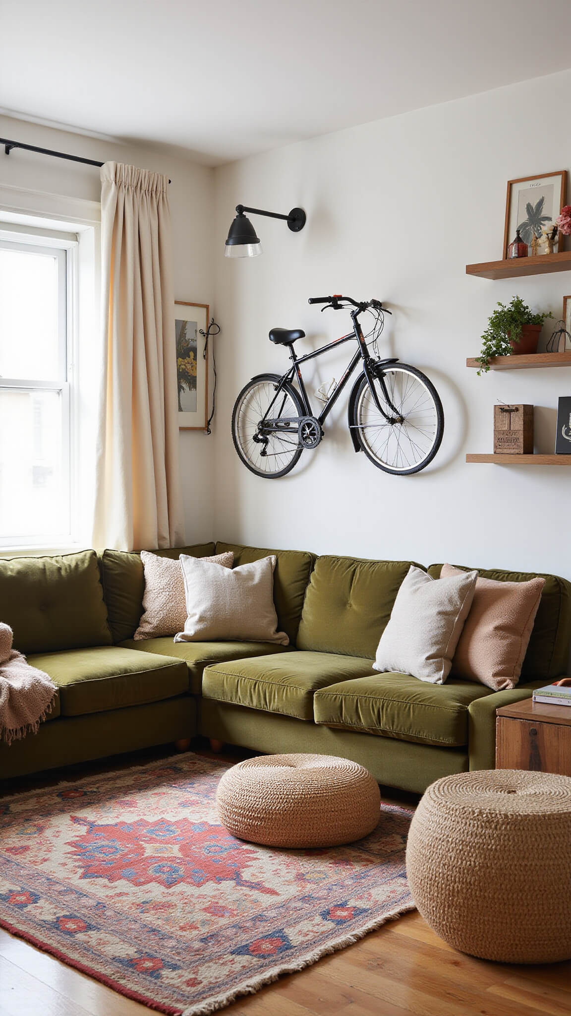 Cozy 175 sq ft living room with olive green velvet corner sofa, floating bookshelves, wall-mounted bike rack, mixed metal lighting, woven poufs, vintage kilim rug, and linen curtains illuminated by morning light.