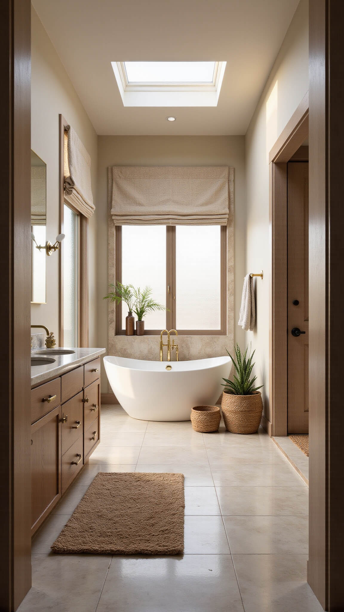 Luxurious spa-like master bathroom with a central freestanding white soaking tub, limestone accent wall, brass fixtures, marble flooring, and natural golden hour light streaming through frosted windows.