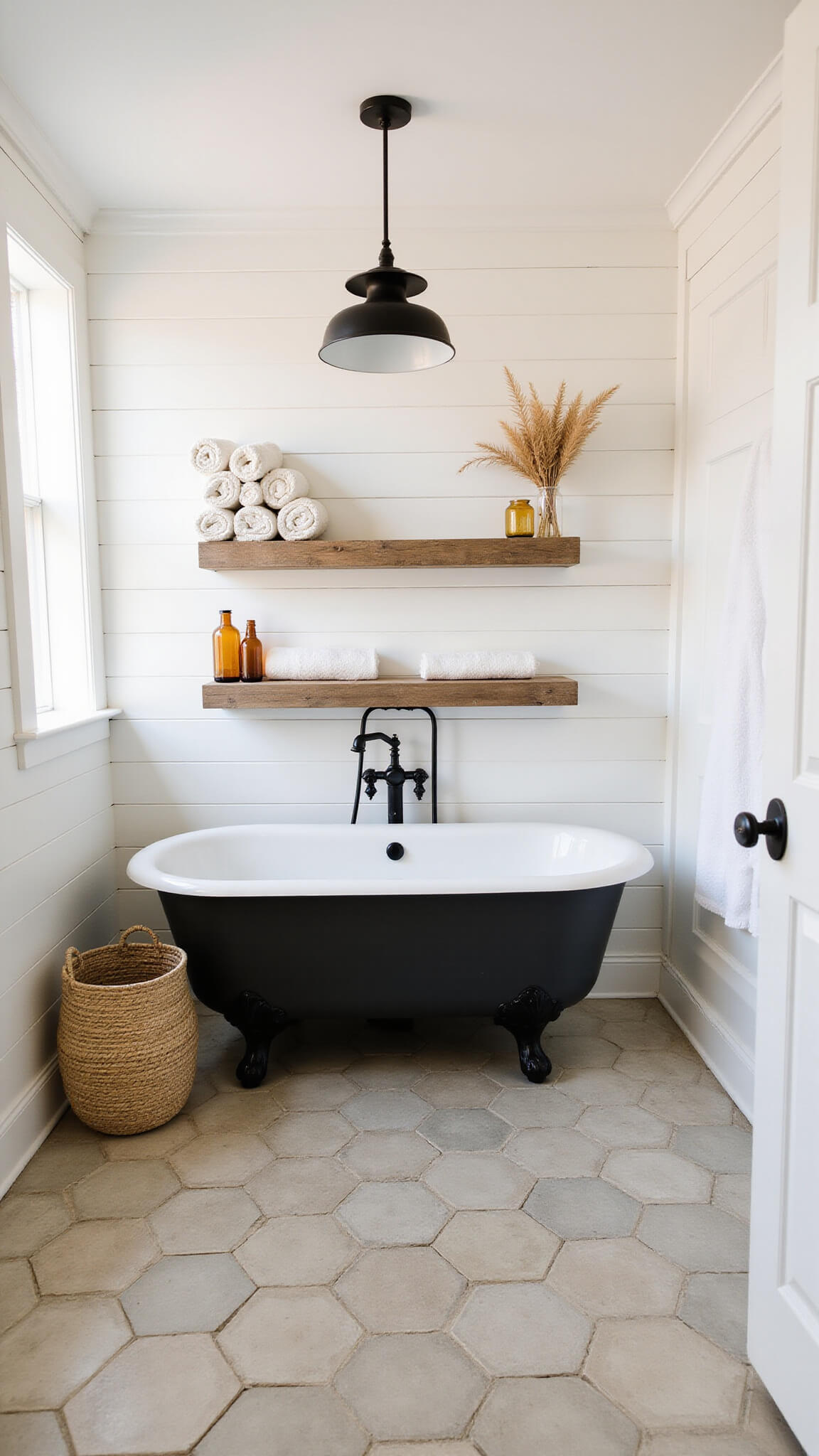 Modern farmhouse bathroom with clawfoot tub, shiplap walls, reclaimed wood shelves, and hex tile floor illuminated by soft sunrise light.