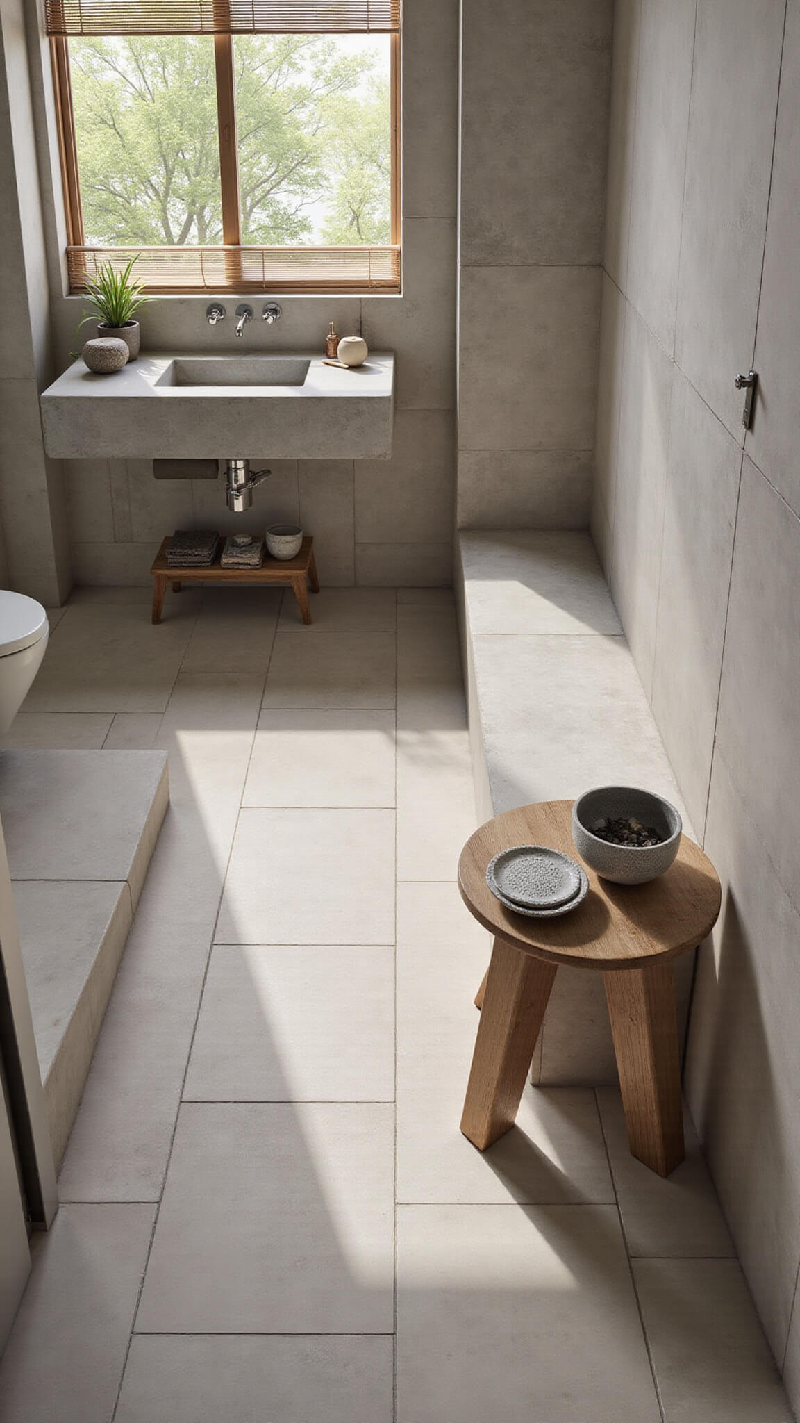 Bird's eye view of a minimalist Zen spa bathroom with natural light, greige stone-look tiles, wall-mounted driftwood vanity, wooden stool, ceramic accessories, river rocks, and air plants.