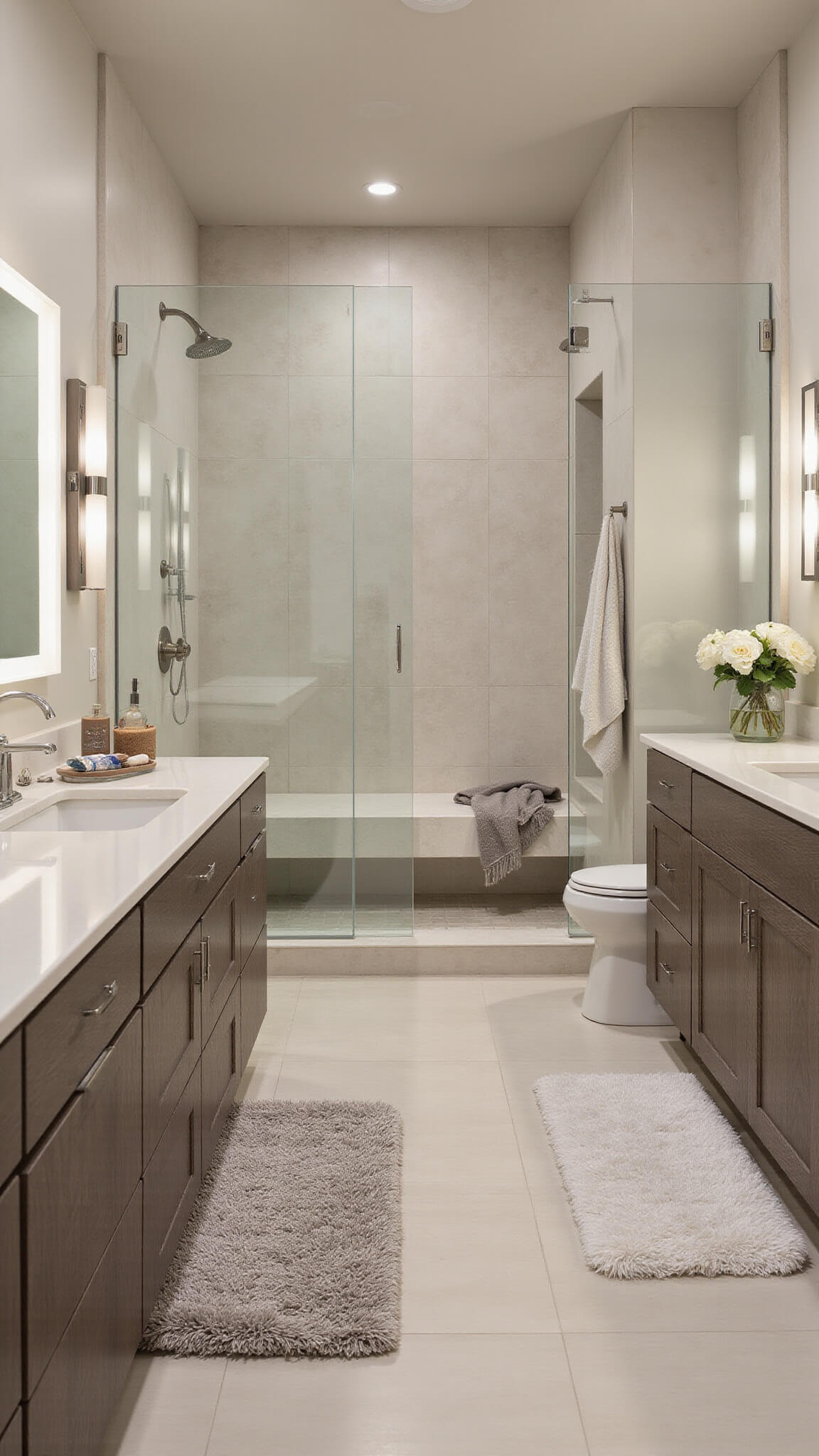 Low-angle view of a contemporary neutral master bath with pearl-toned tiles, taupe oak double vanity, limestone shower, and ambient lighting at dusk.