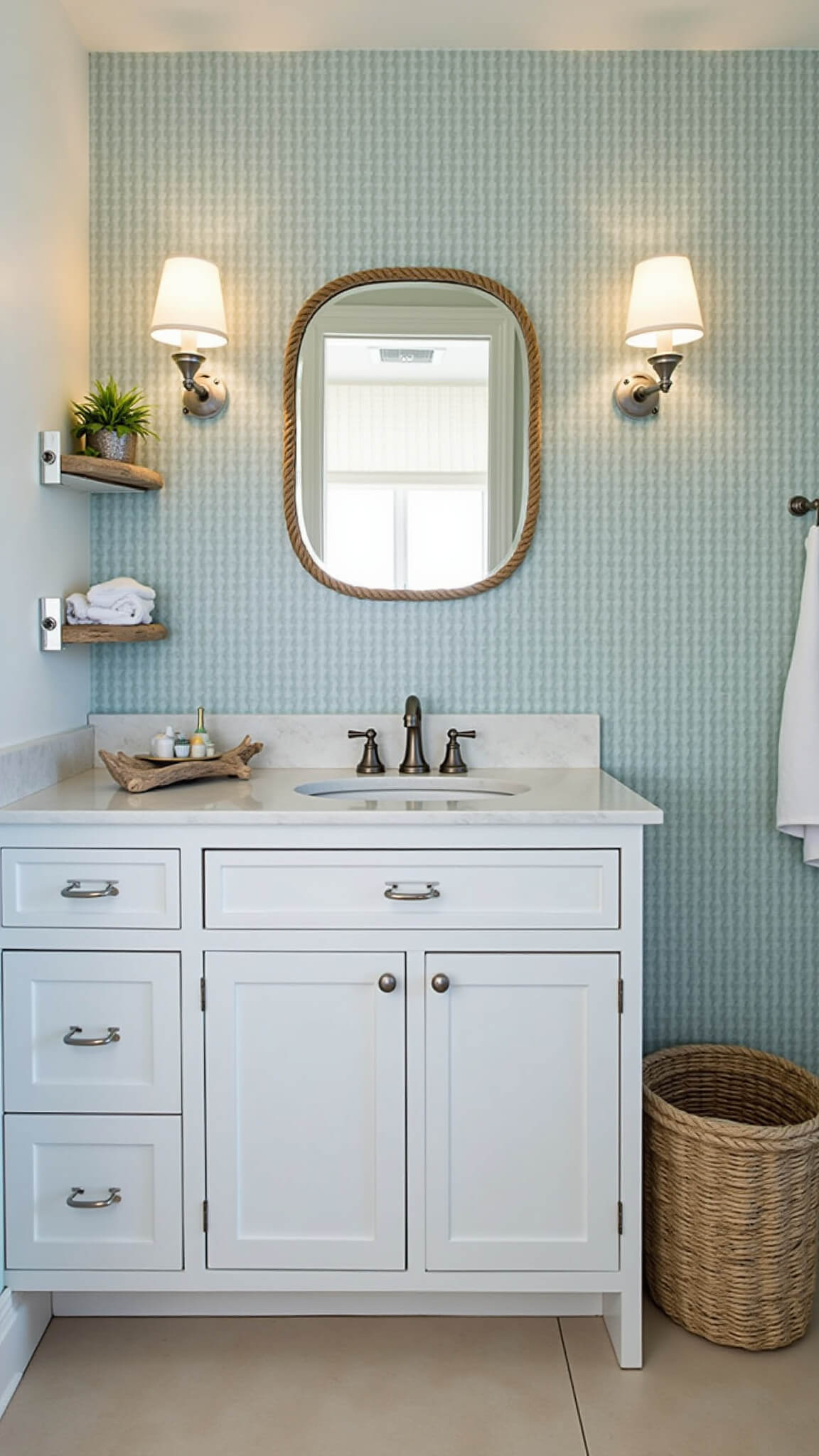 Serene coastal bathroom with white vanity, rope mirror, driftwood shelves, and pale blue-grey tiles lit by soft morning light.