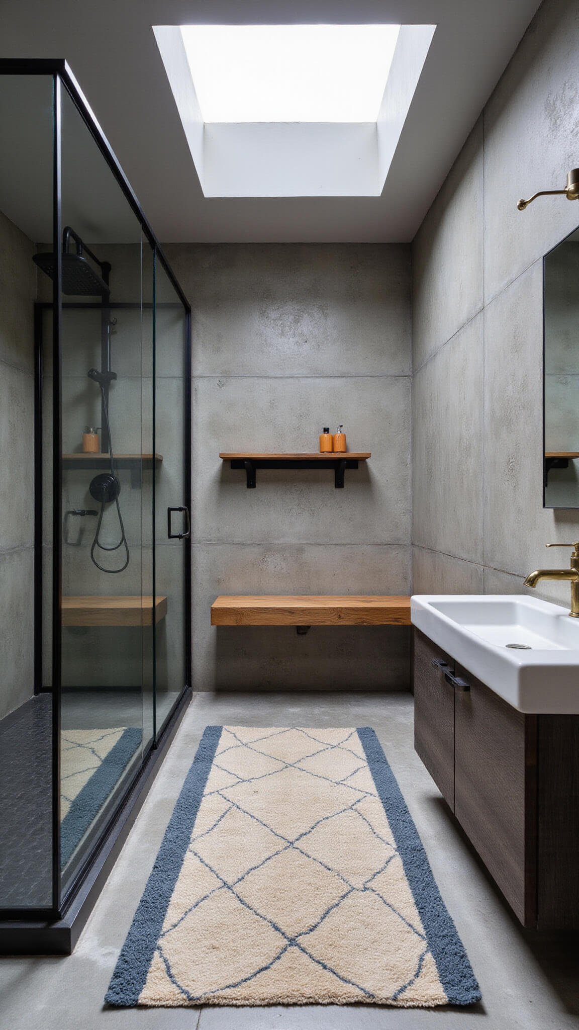 Wide-angle view of industrial chic bathroom with skylight, concrete-look tile walls, black steel shower, teak bench, charcoal oak vanity, mixed metal fixtures, and vintage Turkish rug.