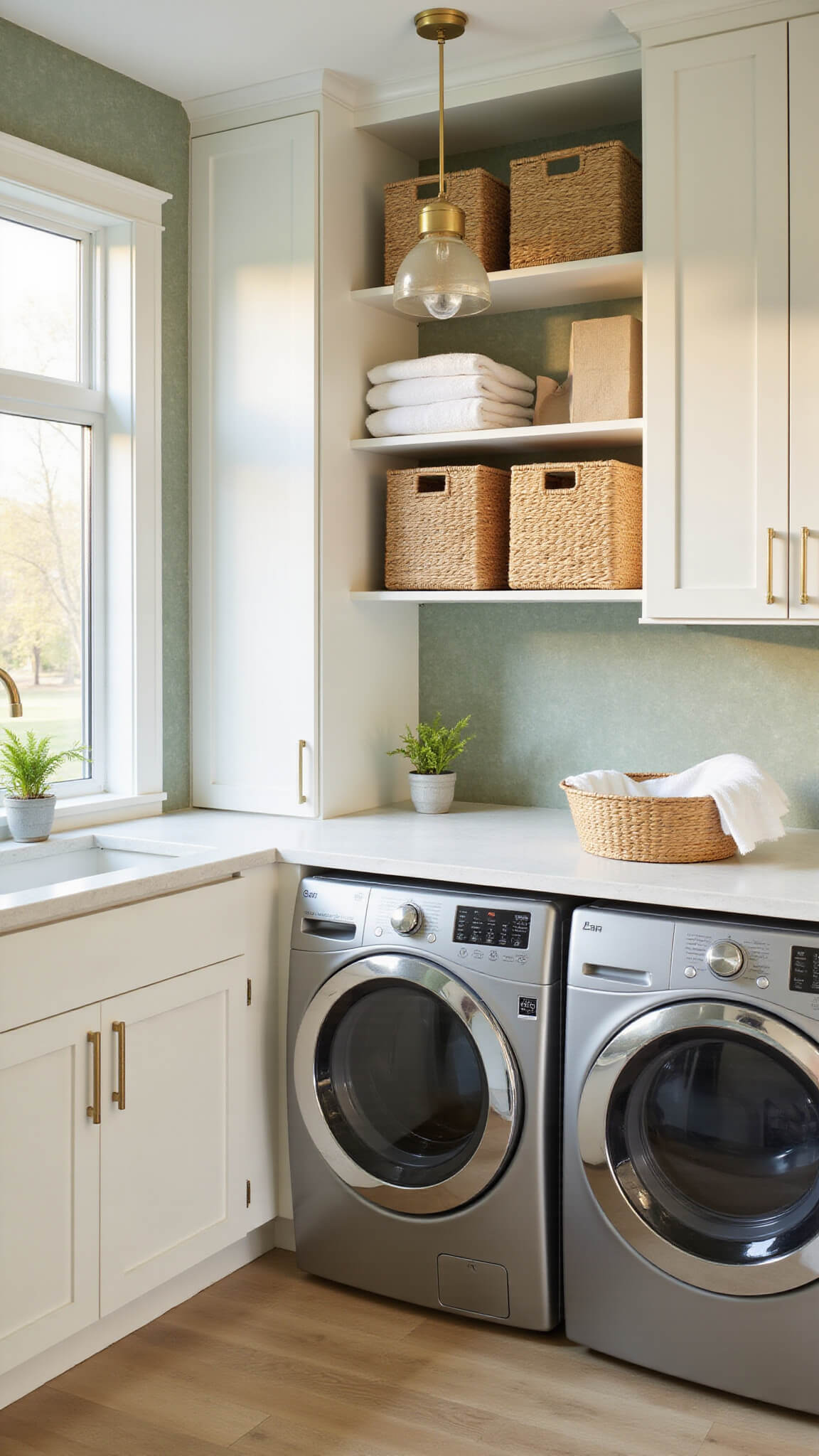 Sunlit laundry room with white shaker cabinets, stacked matte gray washer/dryer, light oak flooring, sage green wallpaper, seagrass baskets, and brass pendant light.