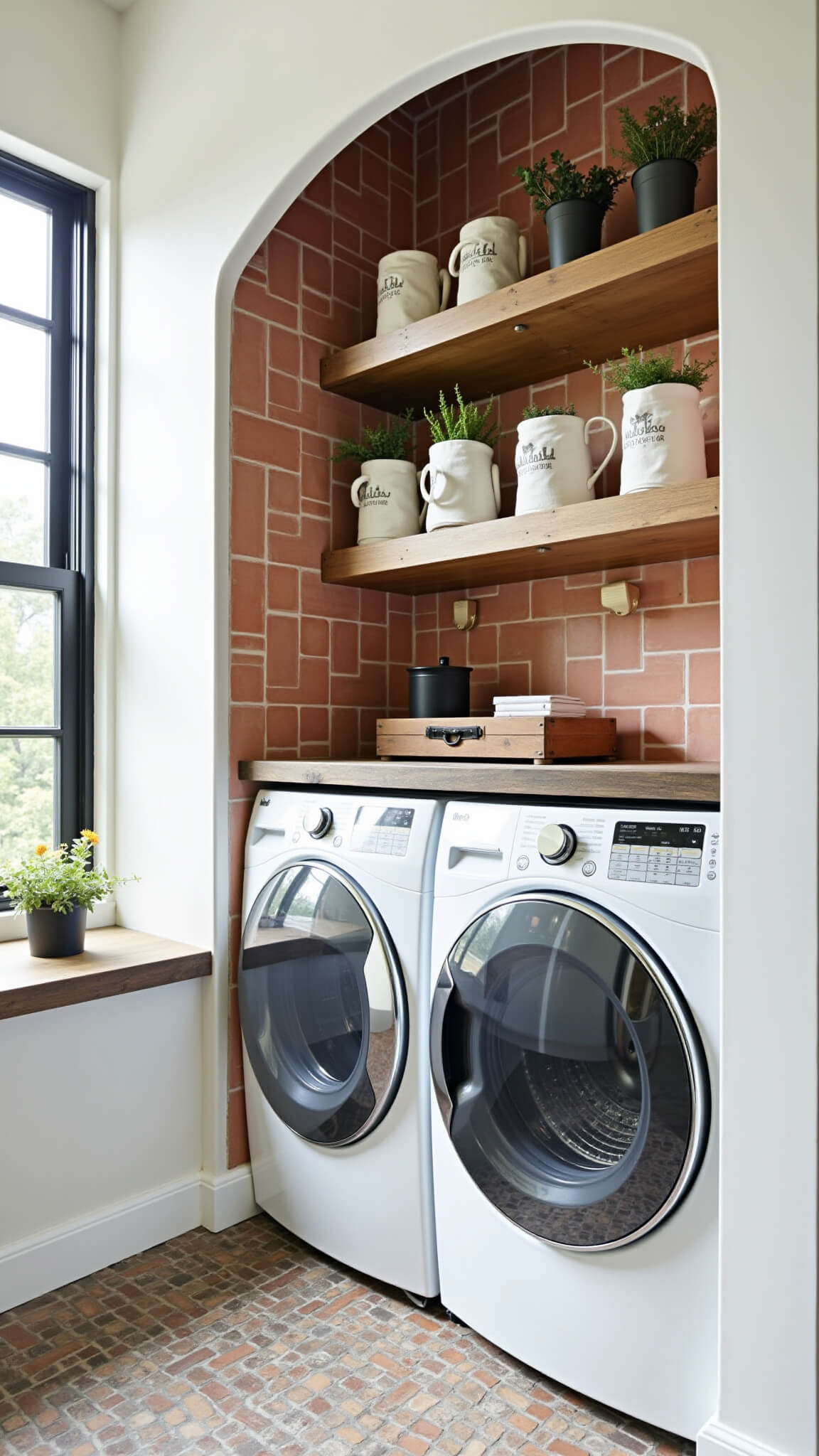 Contemporary farmhouse laundry room with white stacked machines in arched alcove, terra cotta herringbone tile walls, reclaimed wood shelves, and black steel-framed window.