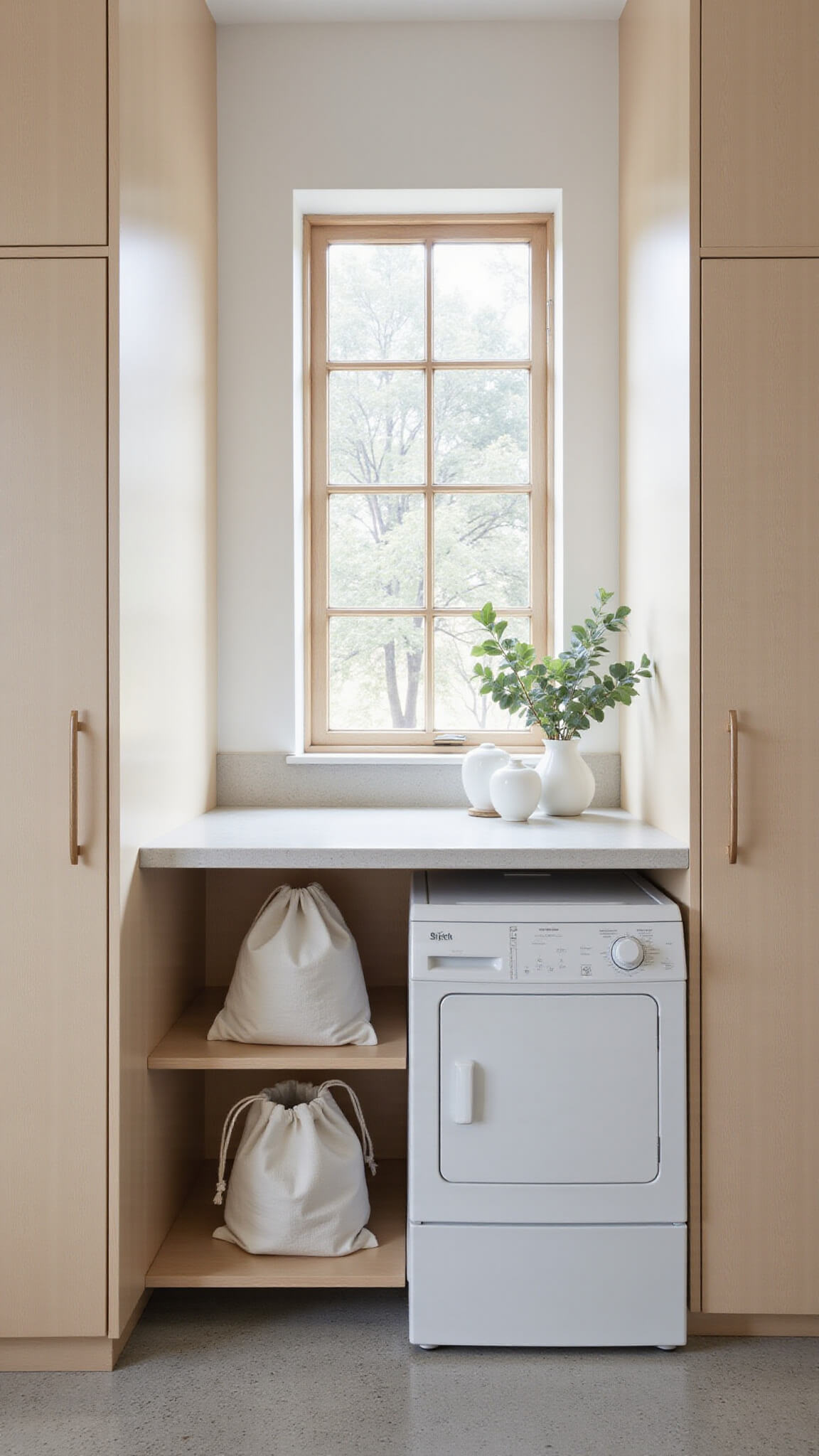 Scandinavian-style laundry room with light birch built-ins, stacked washer and dryer, gridded window casting geometric shadows, minimal decor, and pale gray penny tile floor.