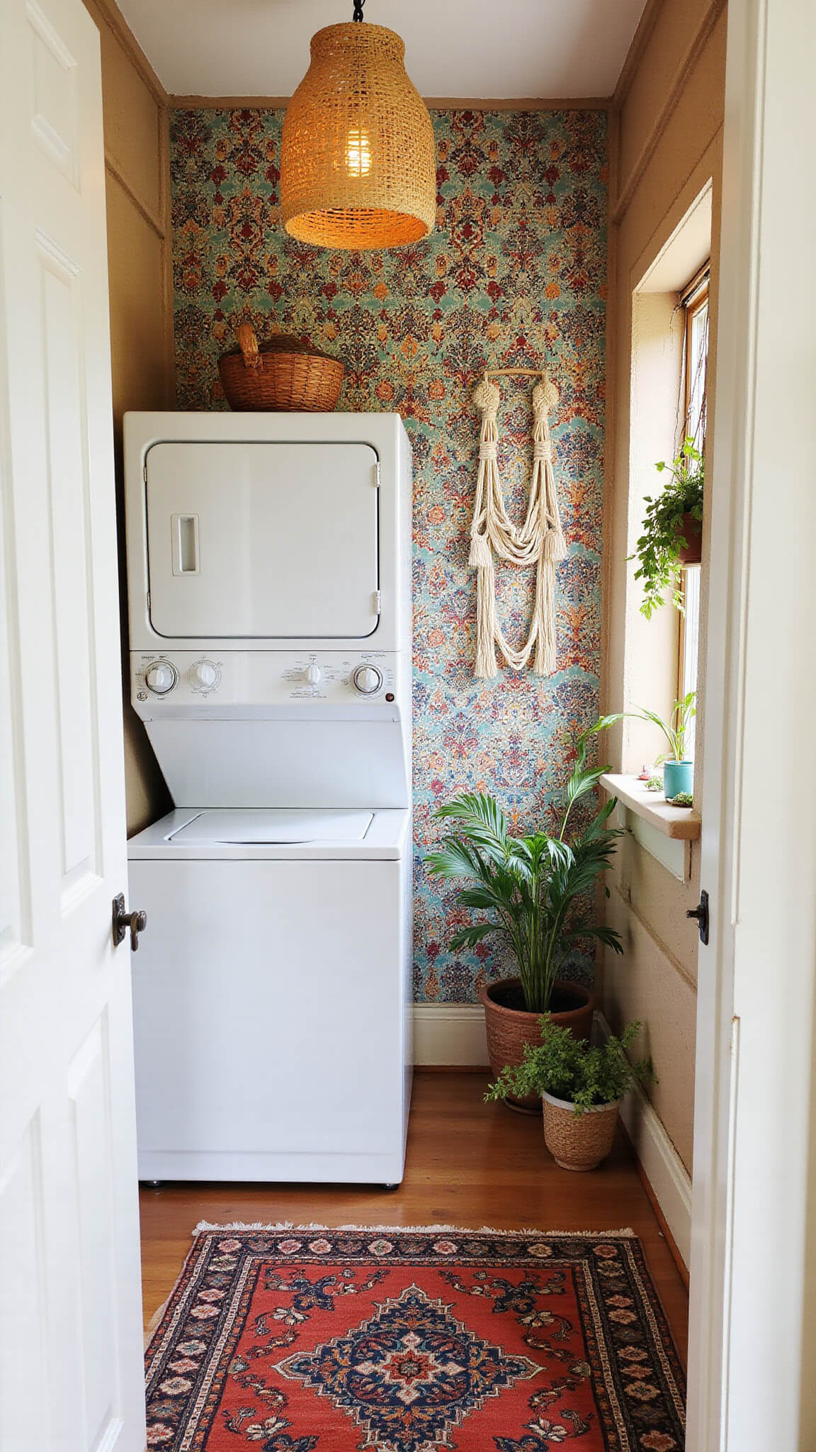 Bohemian-eclectic laundry room with white stacked machines, Moroccan tile wall, rattan pendant lighting, vintage rugs, macramé plant hangers, and copper accents.