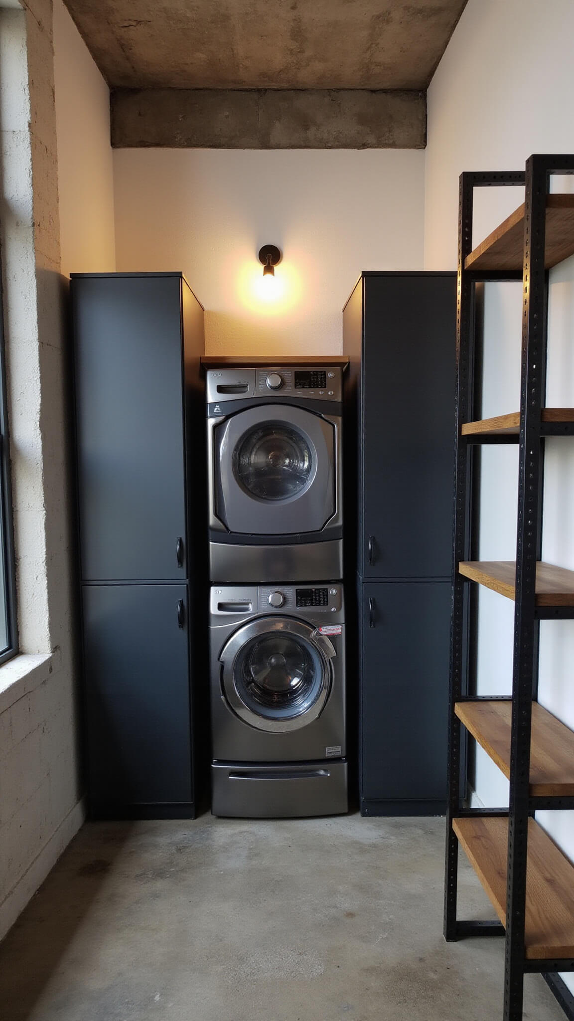 Industrial-modern laundry room with graphite stacked units, black metal storage towers, exposed concrete walls, polished concrete floors, Edison bulb sconces, and steel and wood shelving in minimalist black, white, and tan tones.