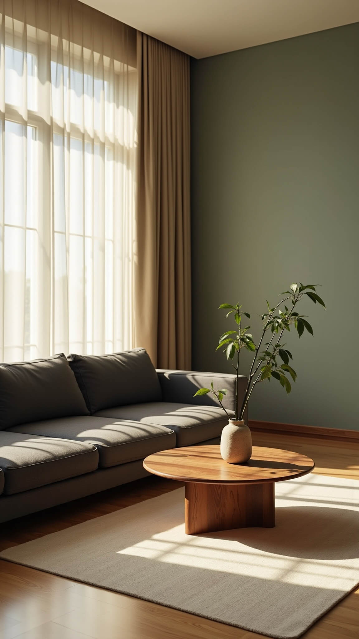 Serene living room with charcoal linen sofa, walnut coffee table, and bamboo vase, bathed in golden hour light through sheer curtains.