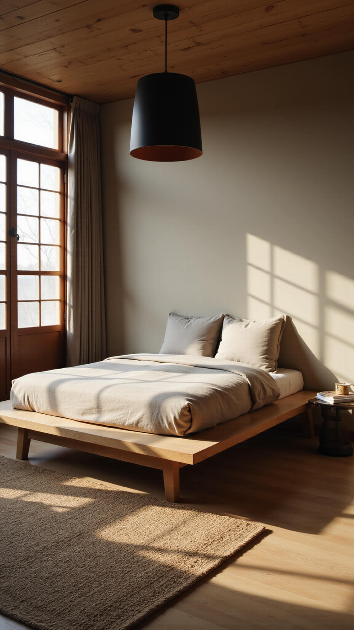 Intimate 12x14ft bedroom at dawn with soft morning light, bleached oak platform bed, undyed linen bedding, oatmeal wool rug, matte black pendant light, and shoji screen filtering light.