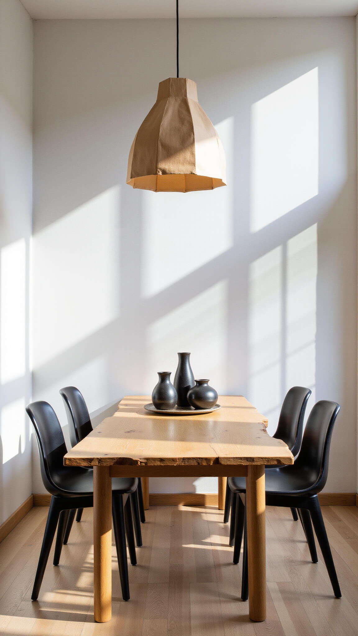 Modern dining room with live edge oak table, black bentwood chairs, and ceramic vessels under a large paper lantern, captured in natural midday light.