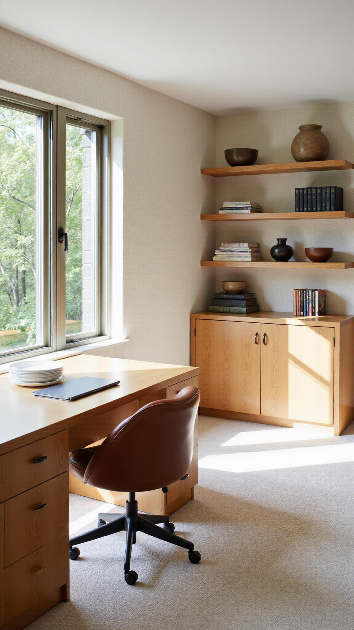 Minimalist home office with oak desk and leather chair facing large windows, morning light illuminating ceramics and books on open shelves.