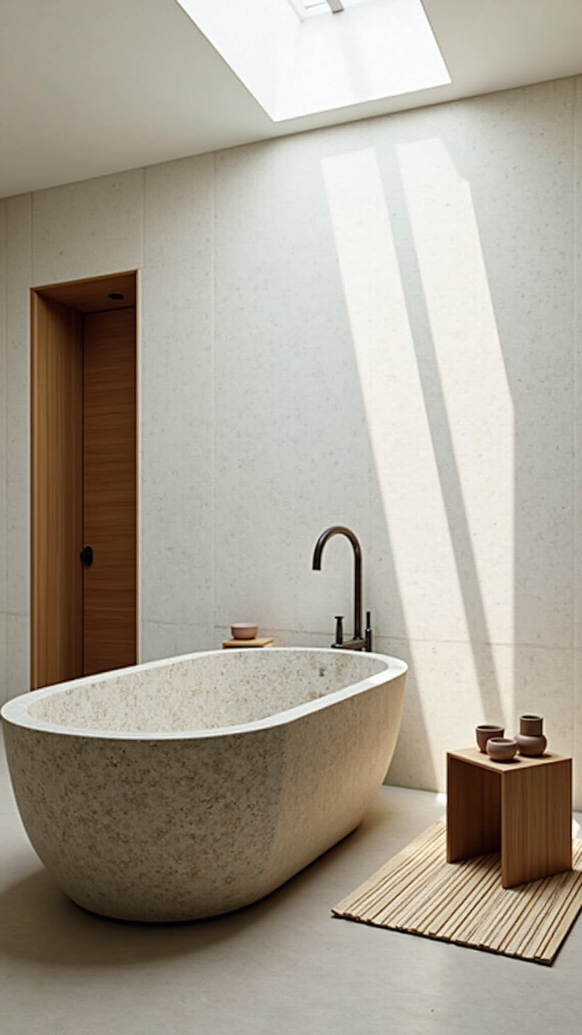 Freestanding stone tub under skylight in warm white contemporary bathroom with Hinoki wood accents and ceramic accessories.