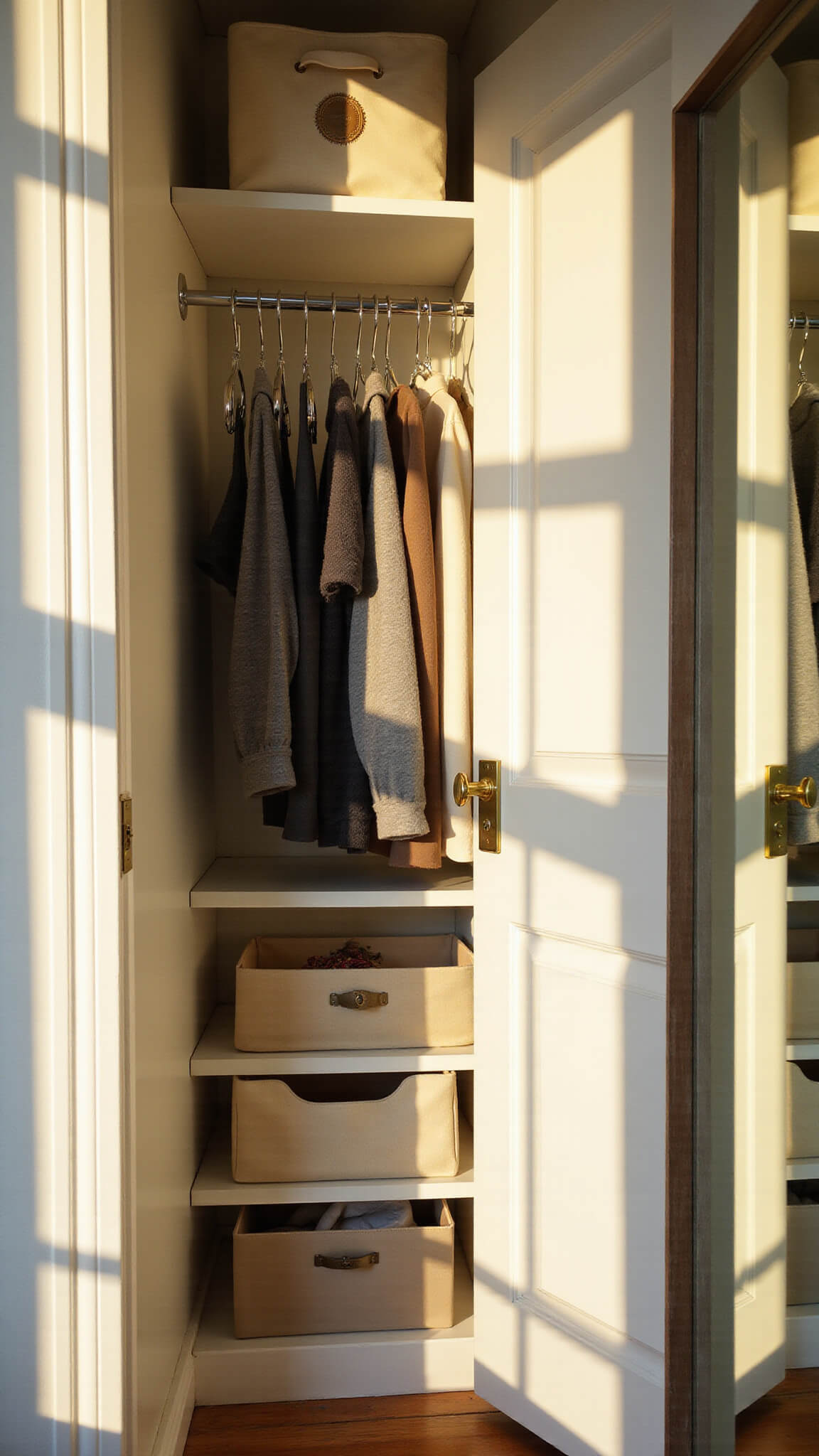 Low-angle view of a warmly lit, organized 6x8ft apartment closet with velvet hangers, canvas bins, floating shelves, brass accents, and a full-length mirror reflecting the space.