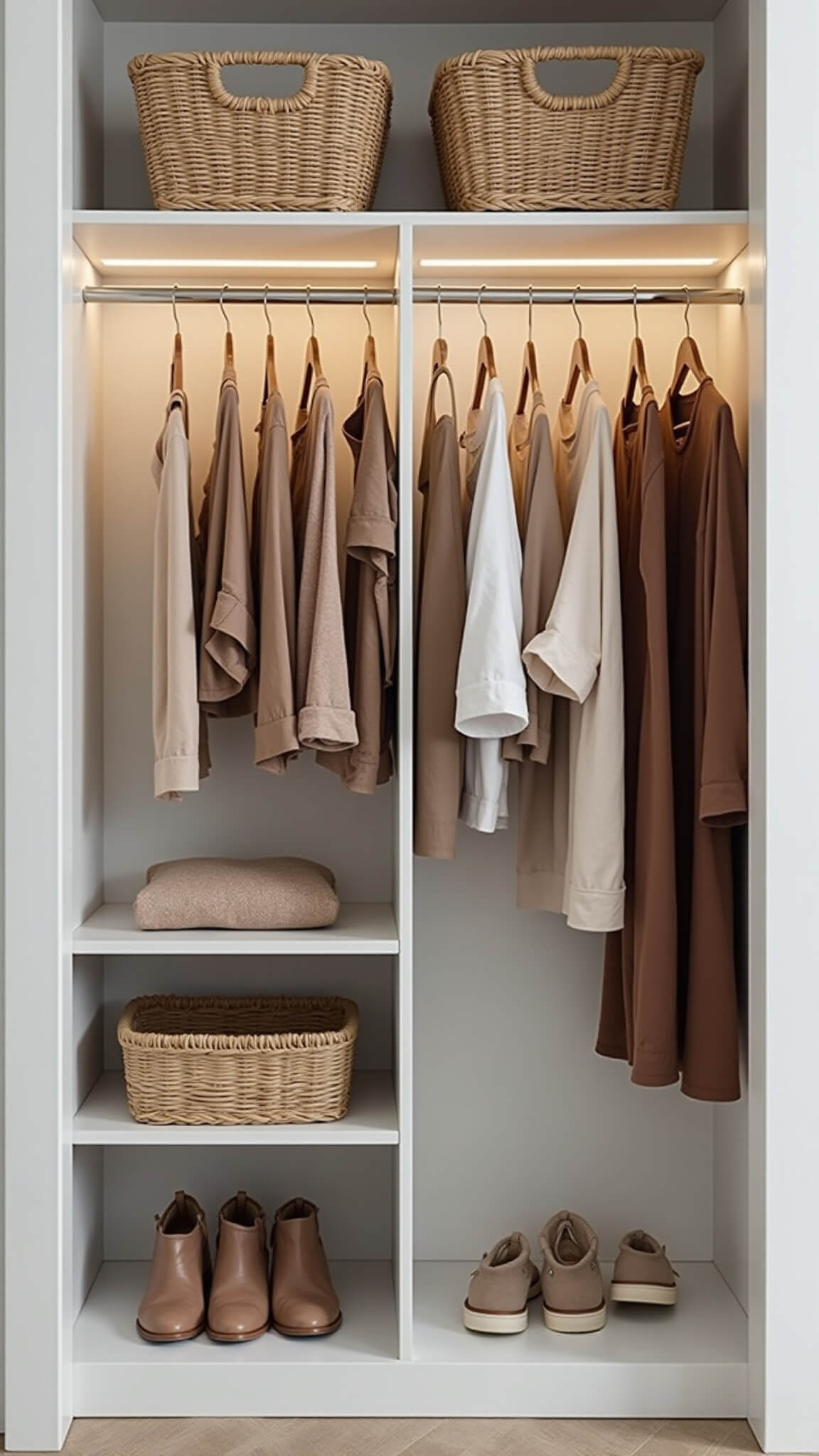 Organized 4x6ft closet with earth-tone capsule wardrobe, double hanging rods, rattan baskets, clear shelf dividers, and LED lighting, viewed straight-on with wide-angle lens.