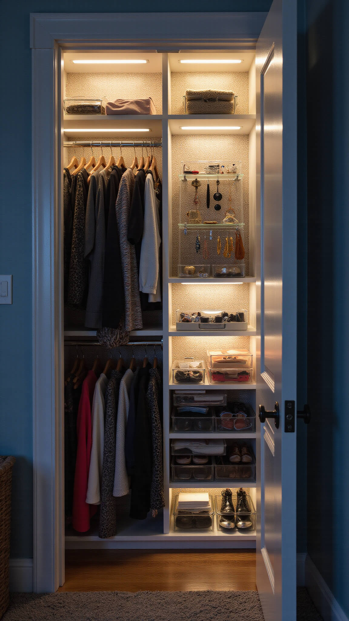 Dramatic dusk view of a well-organized 5x7ft closet with layered storage zones, cool and warm lighting, lucite organizers, metallic hangers, and textured wallpaper.