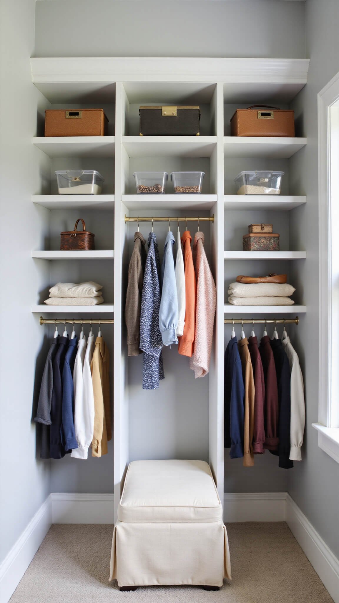 Alcove closet with white floating shelves, ombré clothing, clear brass-handled storage bins, and cream bouclé ottoman, lit by morning light.