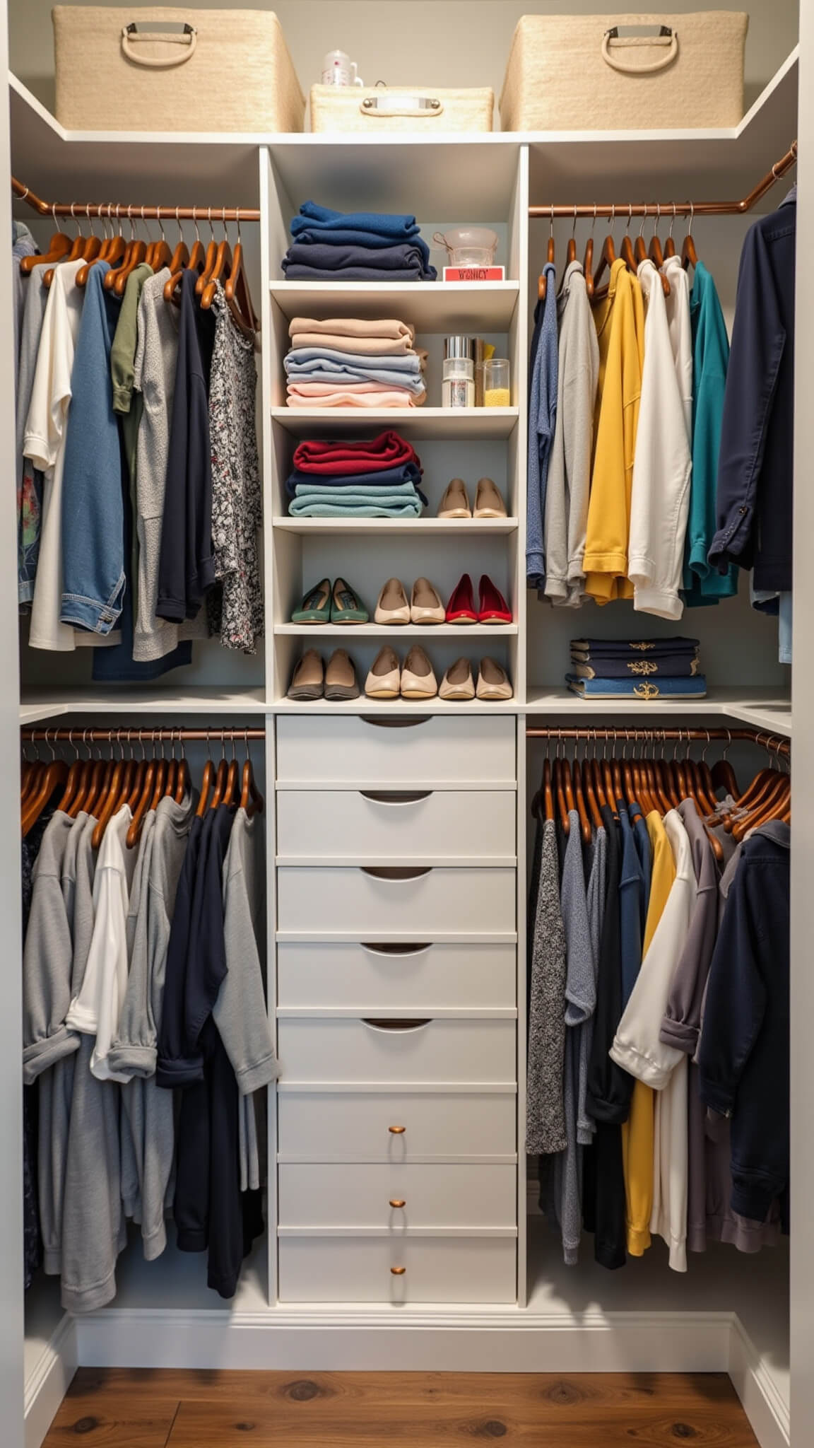 Overhead view of a 4x4ft closet with color-organized clothing in a circular rainbow pattern around a central drawer island, featuring walnut wooden hangers, white shelving, and copper accents.