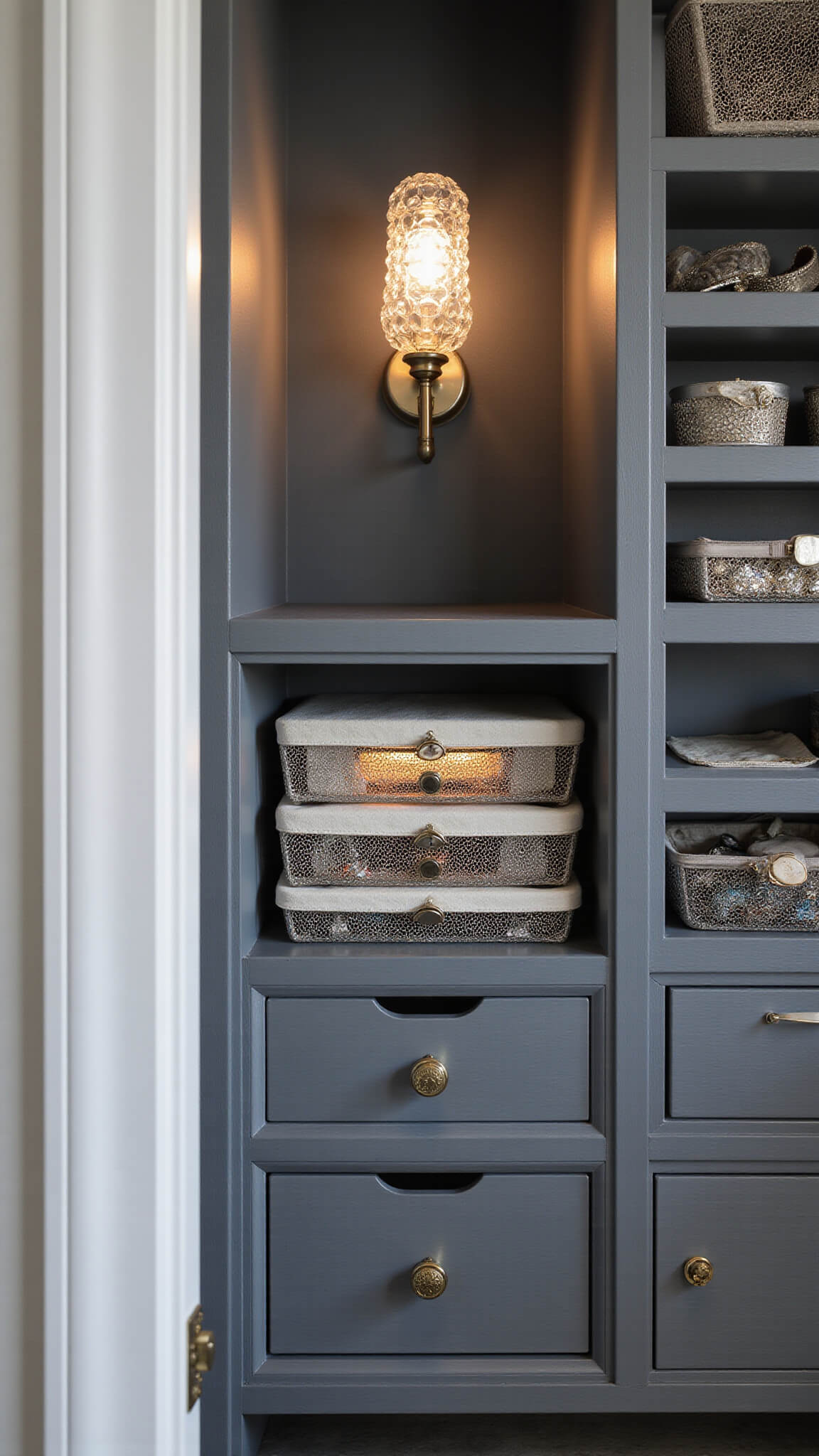 Closet accessory wall with acrylic organizers, mesh baskets, and felt-lined drawers lit by puck lights and a crystal sconce during blue hour.