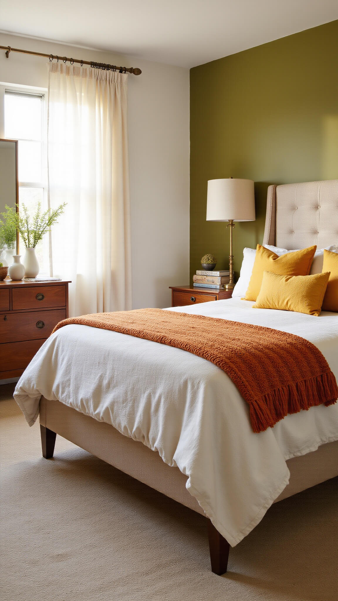 Sunlit bedroom with mid-century walnut dresser, linen-upholstered bed against olive green accent wall, layered textiles in terracotta and mustard, and natural light streaming through white curtains.