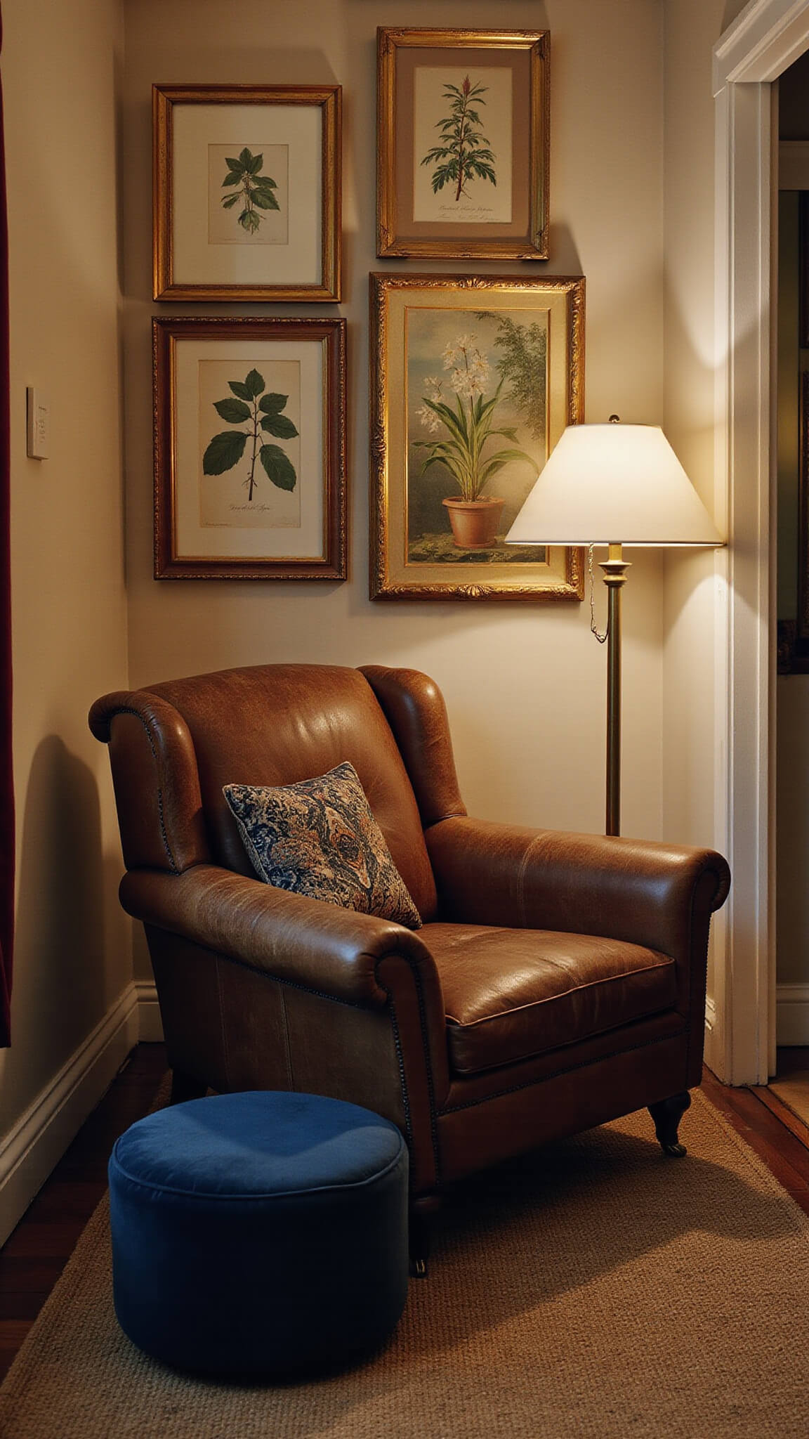 Vintage reading nook with worn leather armchair under brass lamp, antique botanical prints on wall, navy blue footstool, and jute rug in warm dusk lighting.