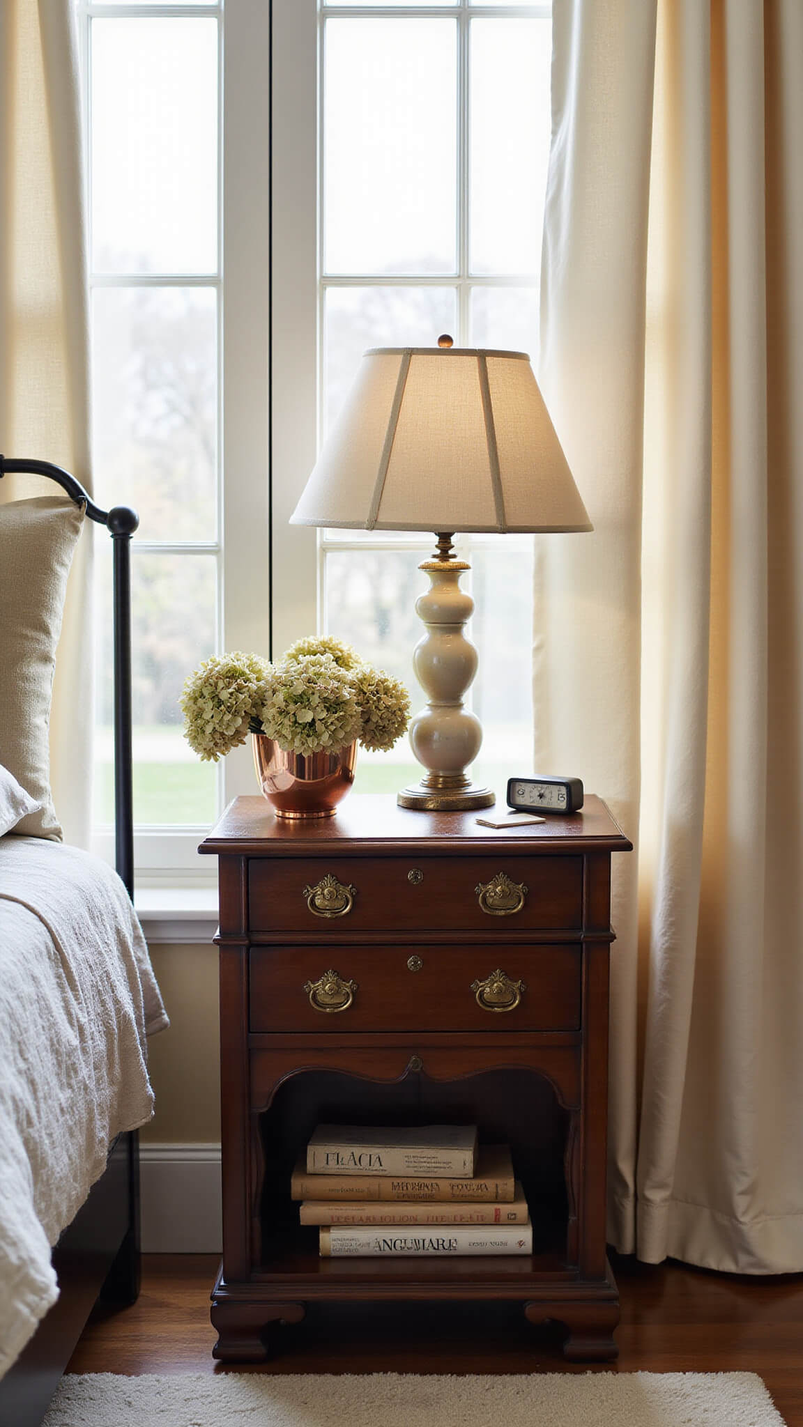 Morning sunlight illuminates a Victorian mahogany nightstand with vintage books, dried hydrangeas in a copper vase, a modern alarm clock, and a ceramic table lamp with linen shade.
