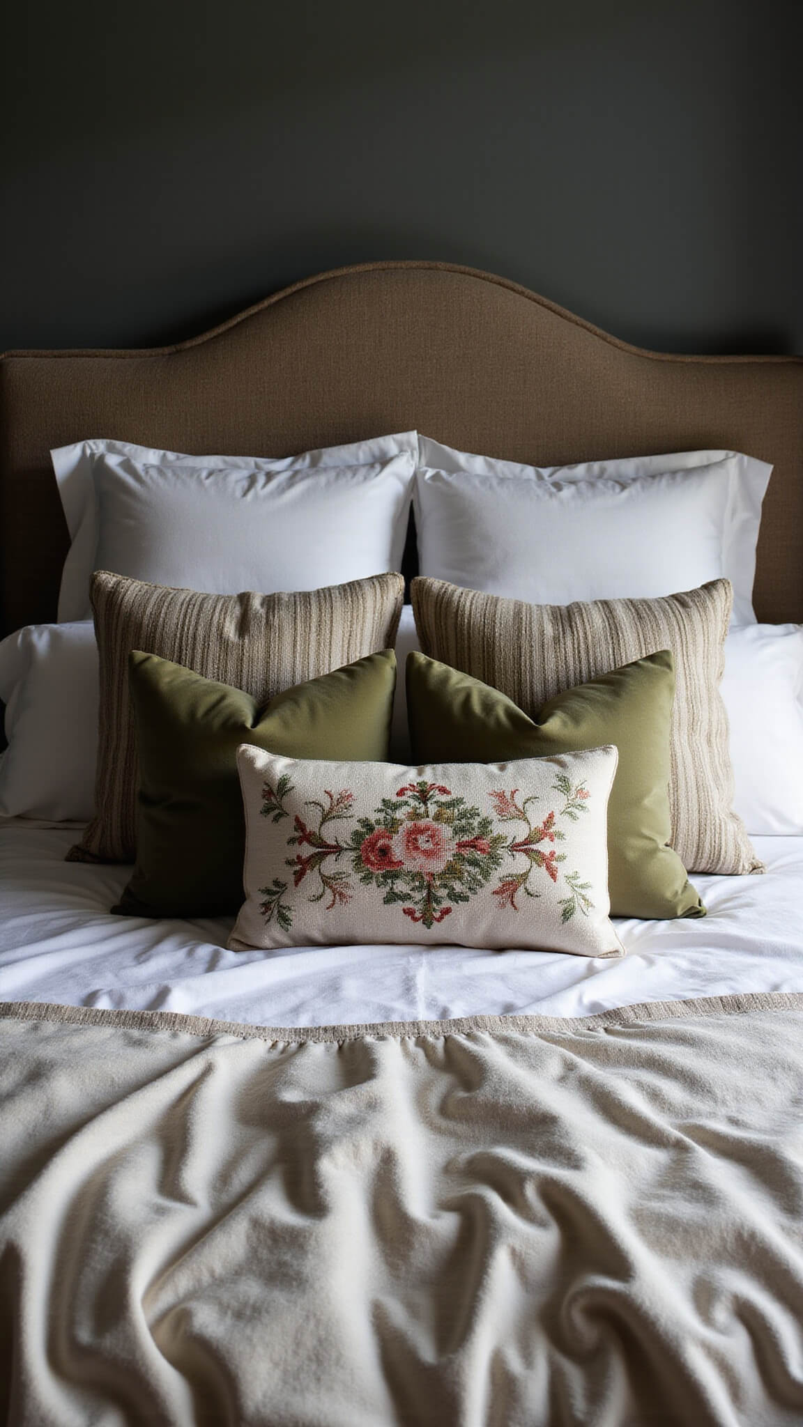 Queen bed at dusk with layered linens, vintage floral quilt, rumpled natural linen duvet, and accent pillows in olive velvet, striped linen, and needlepoint cushion, shot straight-on in moody soft light.