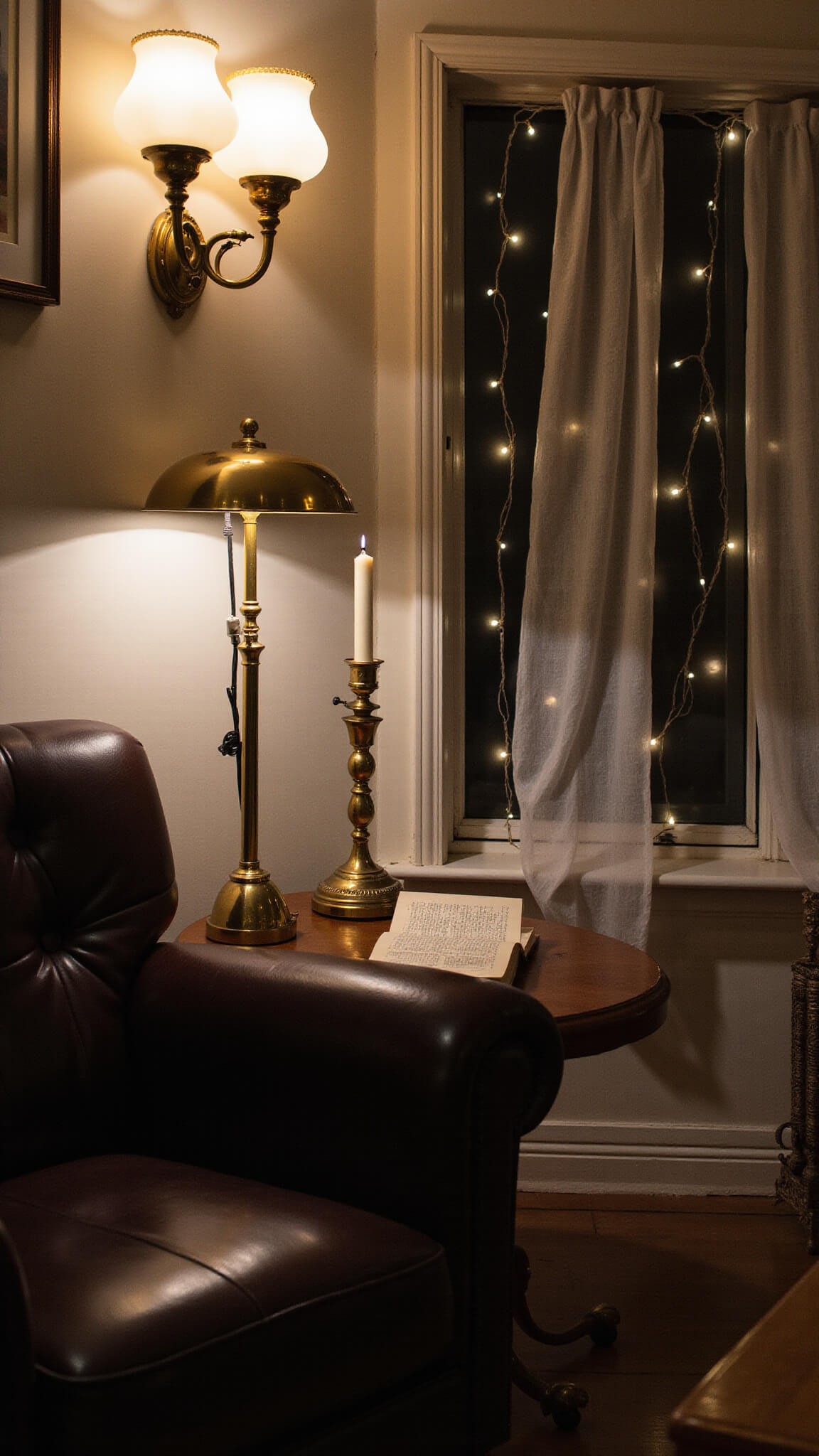 Cozy evening room with layered lighting from brass sconces, table lamps, and string lights behind sheer curtains, blending vintage and modern decor.