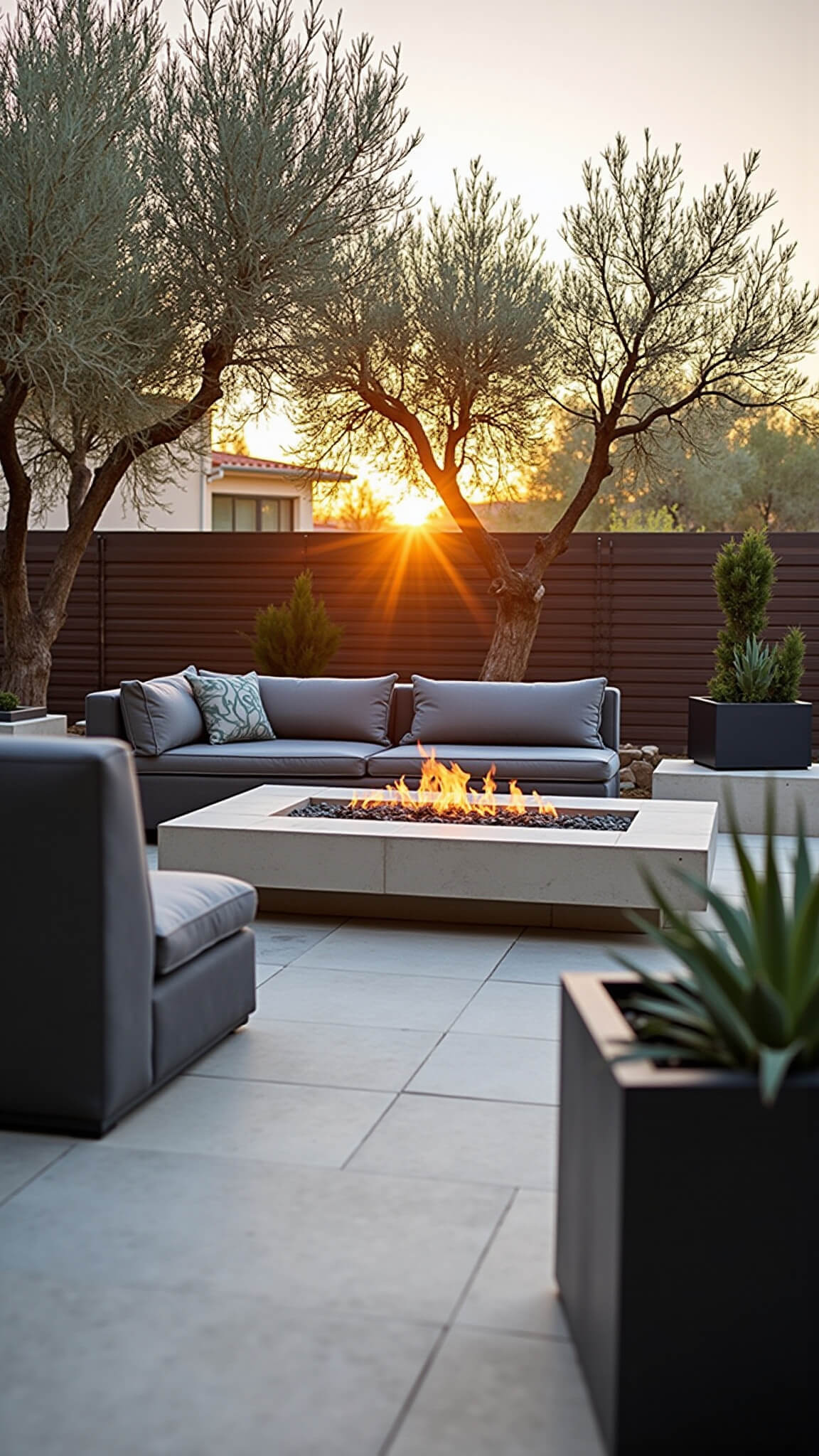 Modern backyard terrace with concrete fire pit, charcoal modular seating, olive trees casting shadows on limestone pavers, and minimalist planters at golden hour.