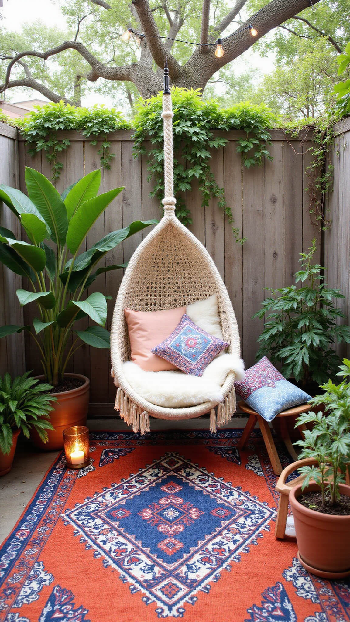 Bohemian garden nook with macramé egg chair, layered Moroccan rugs, copper lanterns, and lush vertical greenery.