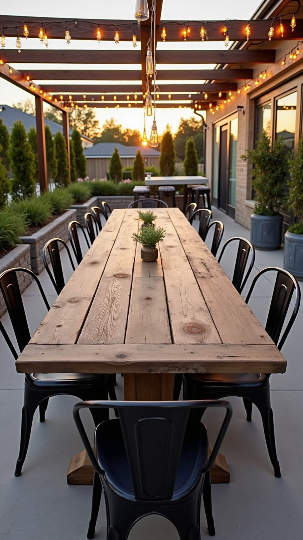 Rustic farmhouse dining terrace at sunset with long reclaimed wood table under pergola, café lights glowing, black vintage metal chairs, and herb planters surrounding.