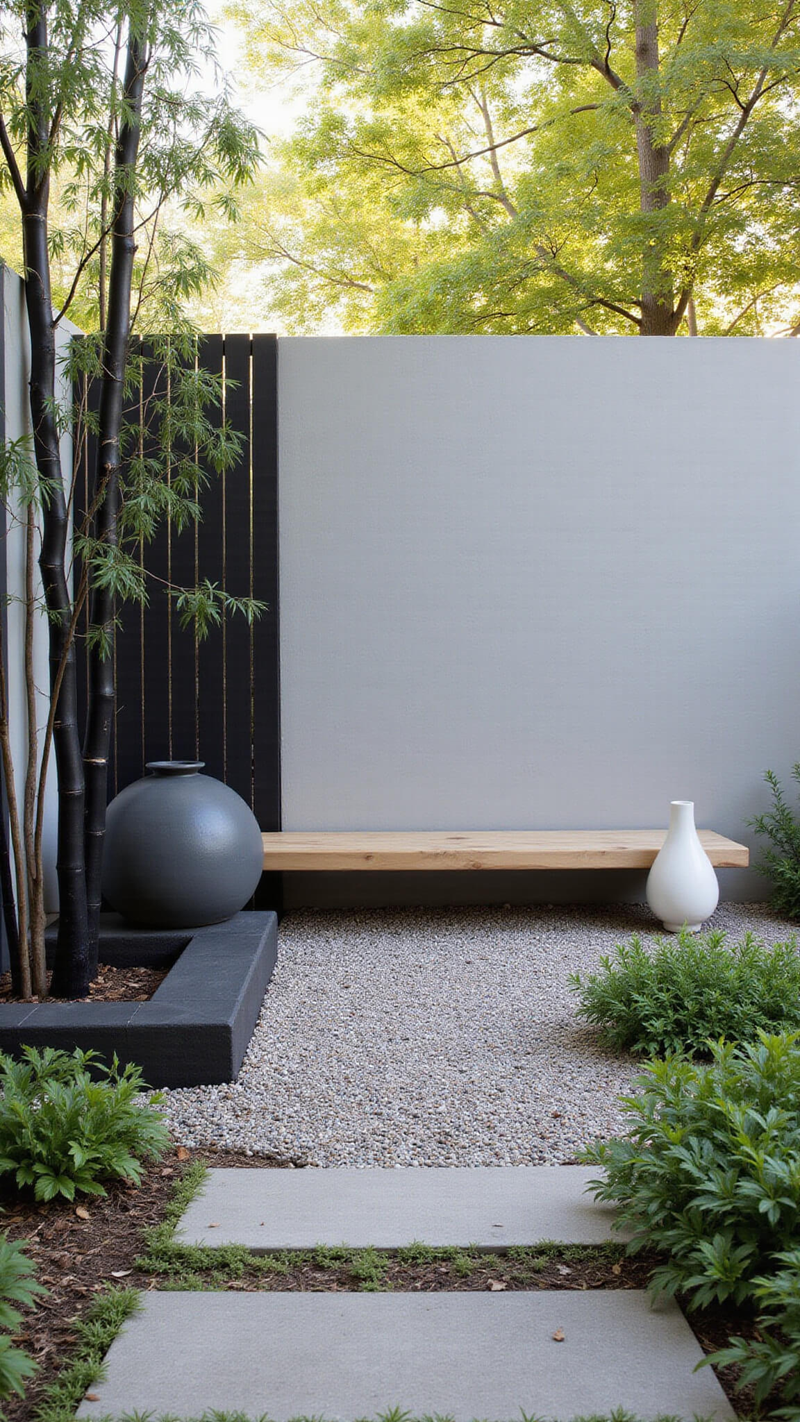 Modern Zen garden at dawn with floating bleached teak bench over pebble bed, black bamboo privacy screen, ceramic vessels, and stone pathway in morning mist.