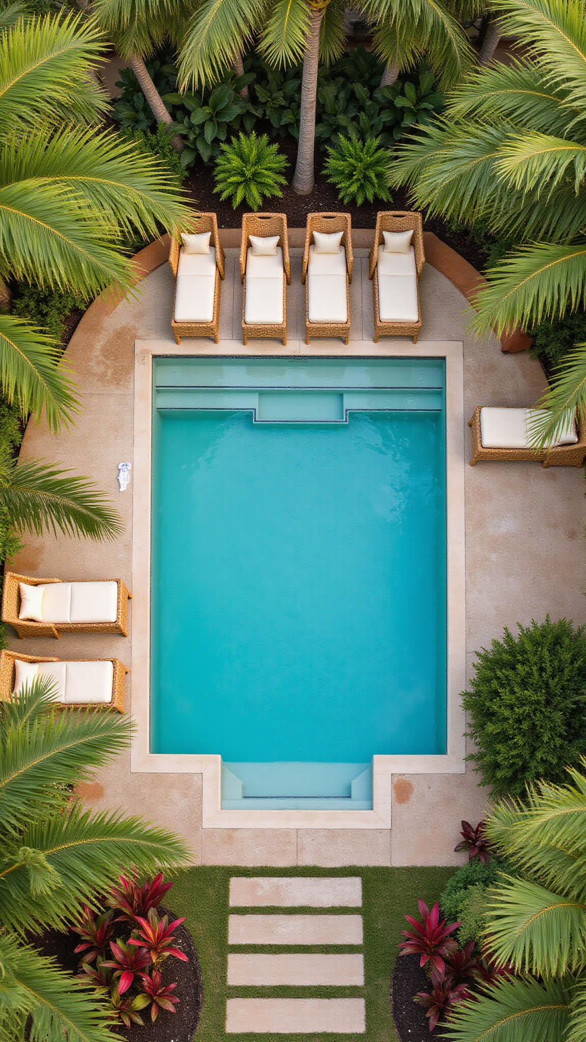 Drone view of a 30x40ft tropical resort-style pool with turquoise water, framed by palm fronds, woven rope daybeds on teak deck, copper mist, and vibrant bird of paradise plants.