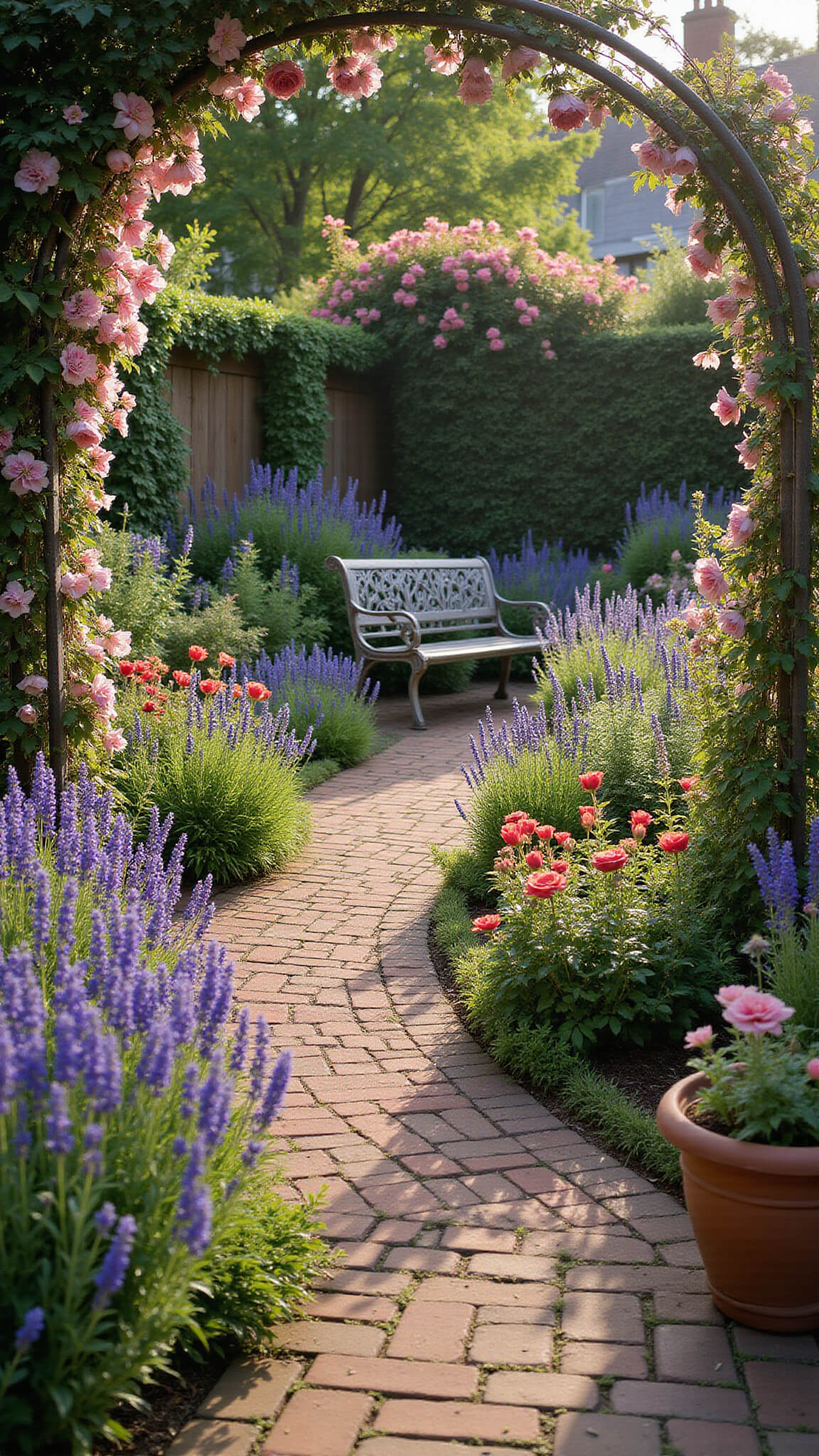 Romantic English cottage garden at early evening with curved brick paths, blooming lavender, roses, and foxgloves; iron bench under clematis arch and terra cotta pots brimming with herbs.
