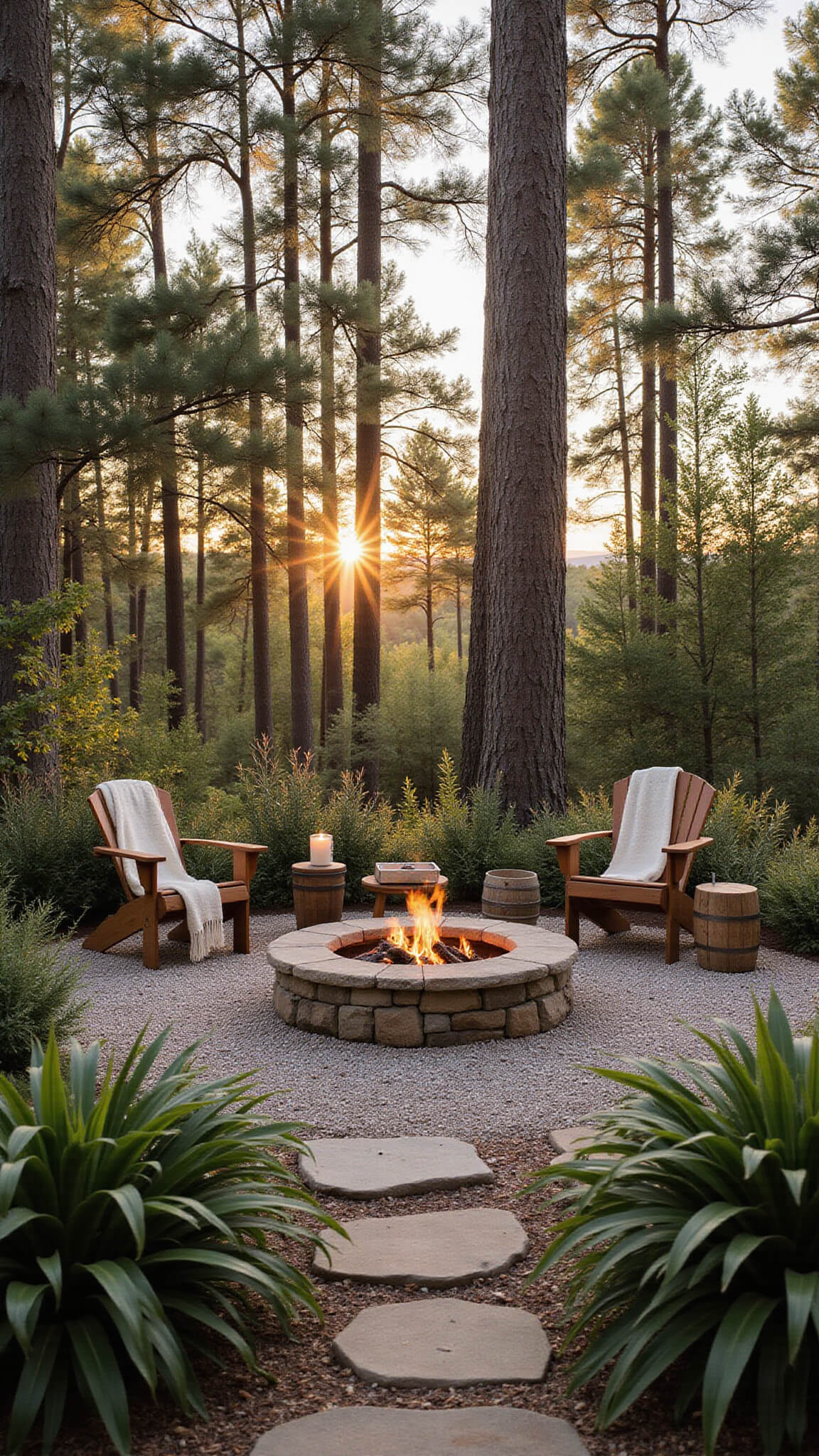 Twilight backyard fire pit area with Adirondack chairs, string lights, and pine trees in golden hour light.