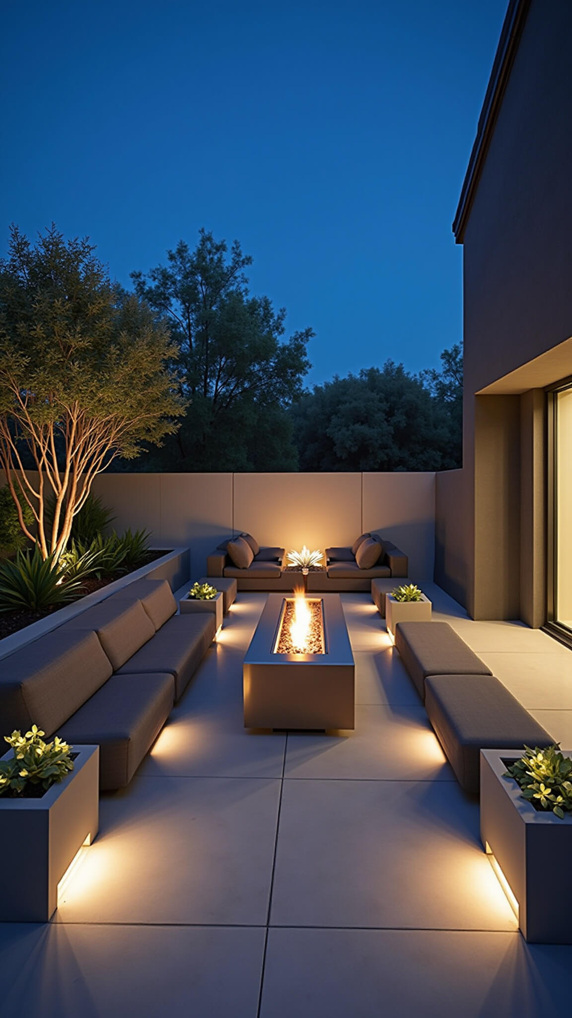 Modern minimalist concrete patio at blue hour with stainless steel fire pit, charcoal modular sofas, geometric planters, and subtle LED uplighting.