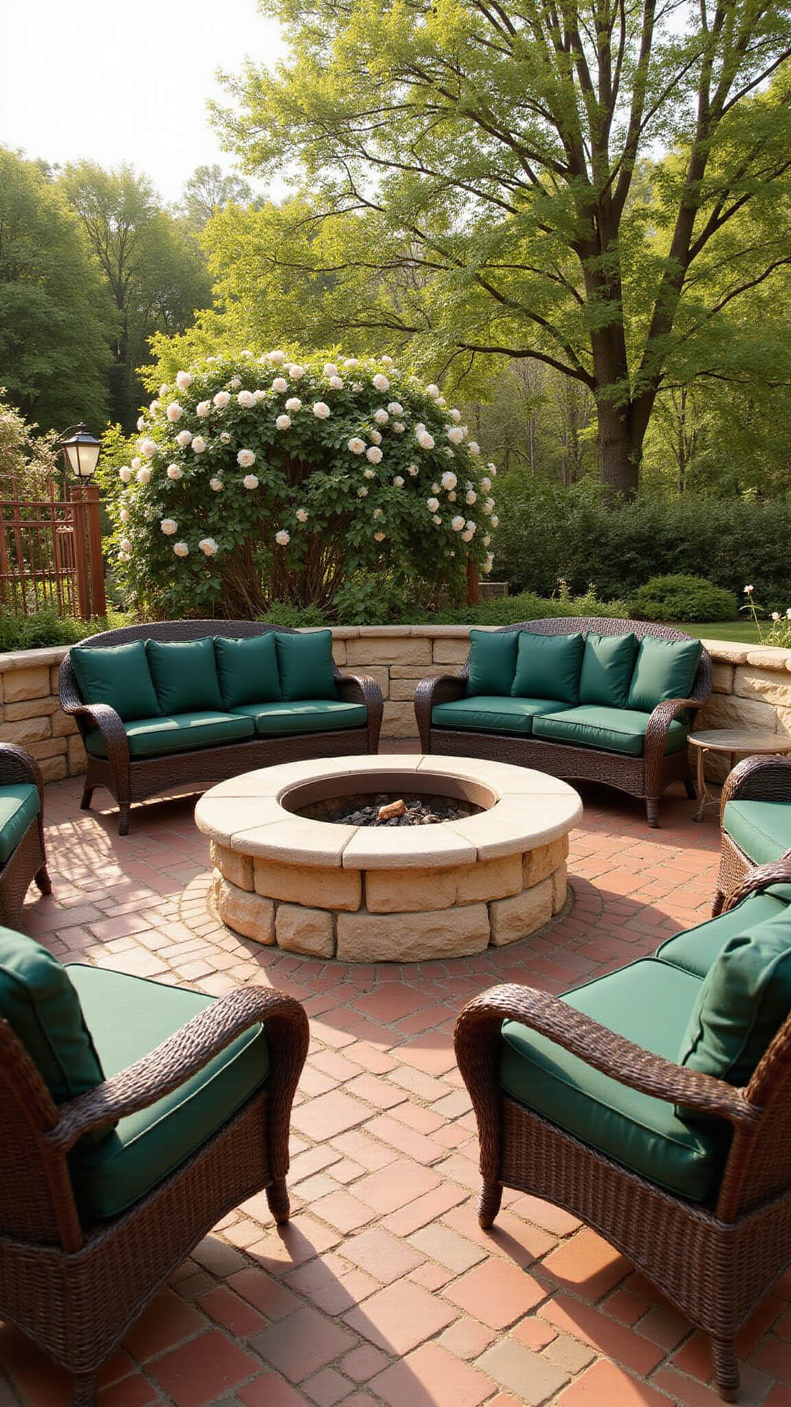 Brick patio with stone fire pit, curved seating wall, deep green-cushioned wicker chairs, copper trellis with climbing roses, and vintage lanterns in warm afternoon light.