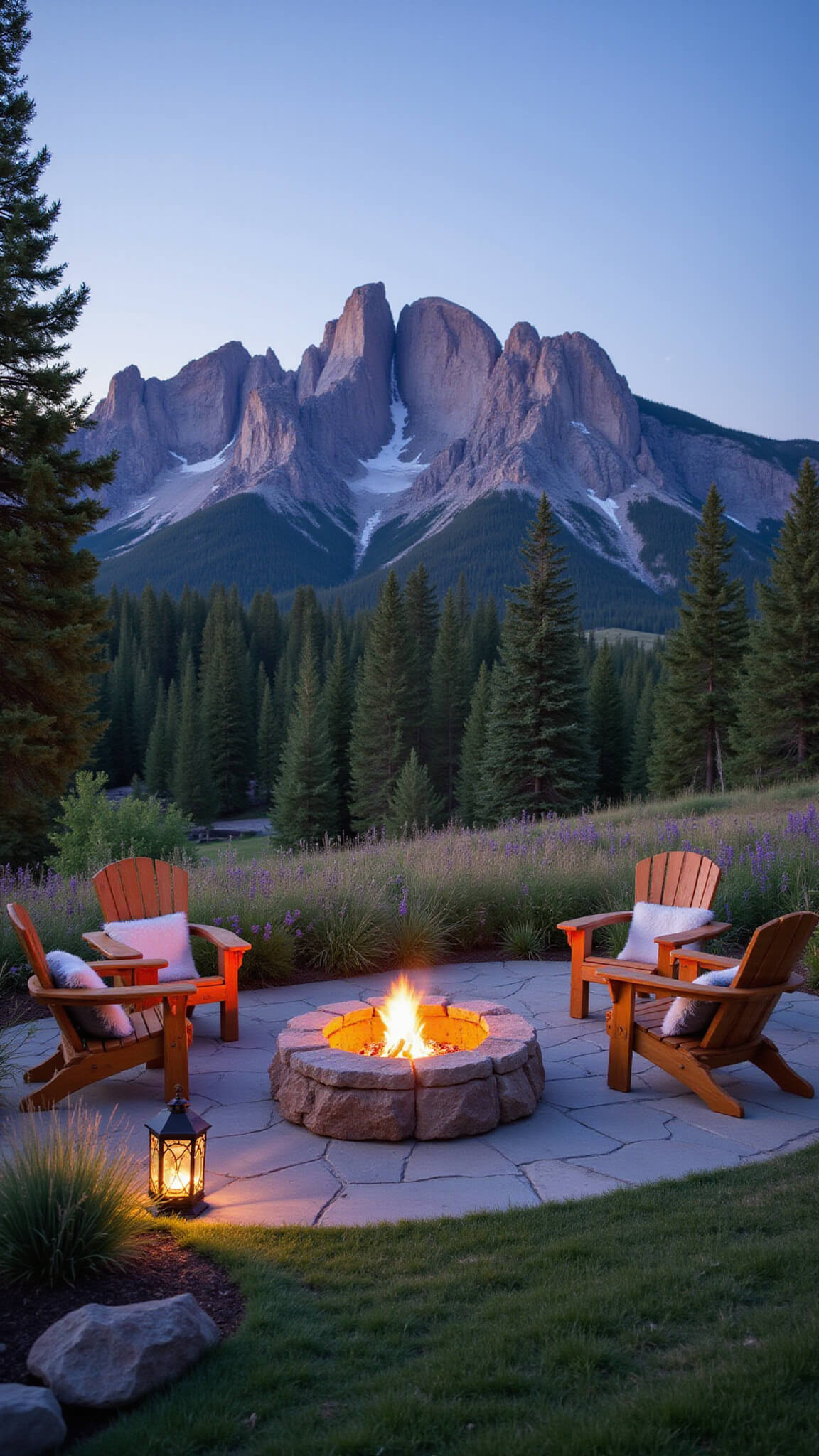 Mountain lodge patio with large boulder fire pit, timber Adirondack chairs, wildflowers, and mountain backdrop at sunset.