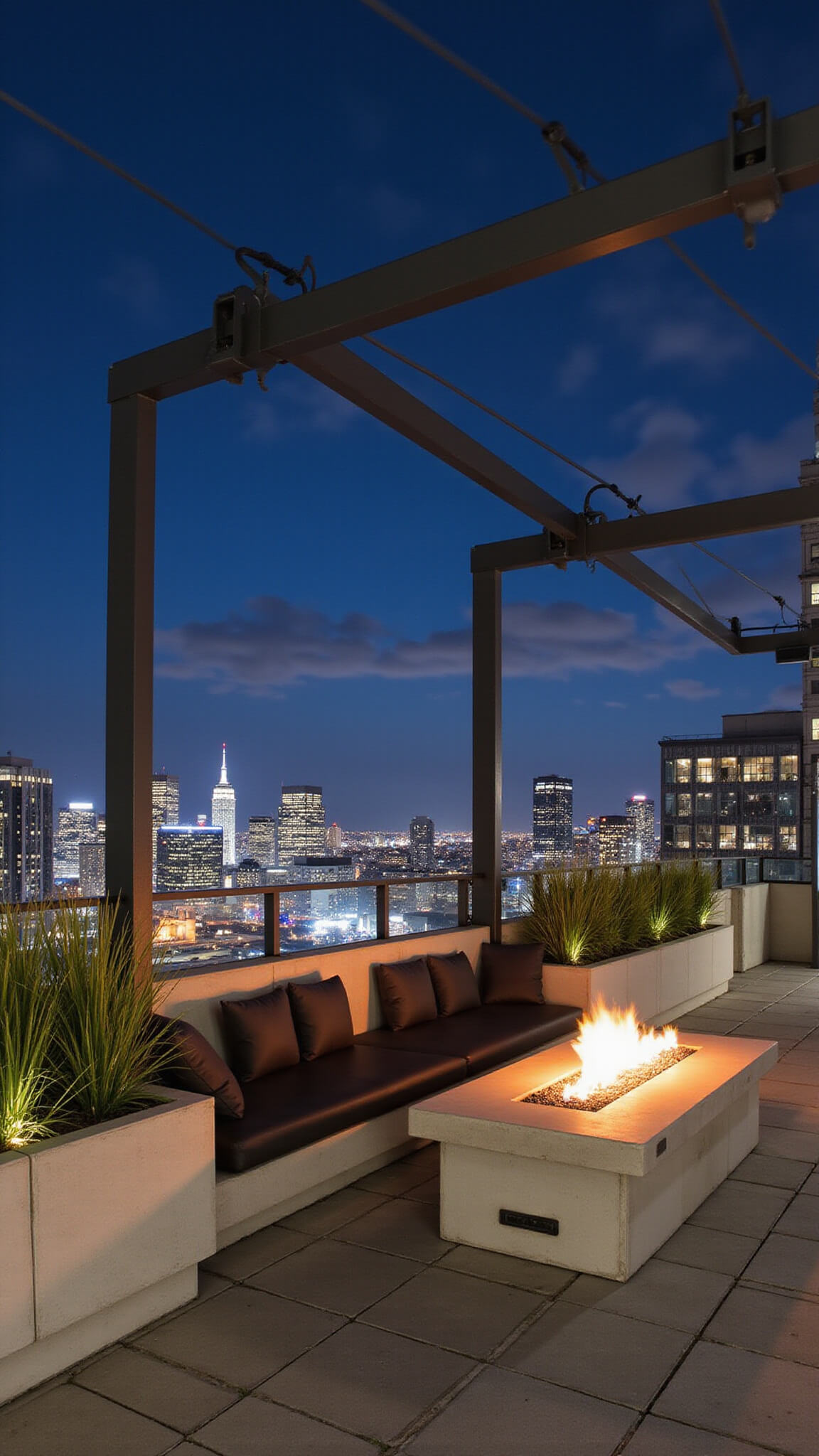 Nighttime view of modern urban rooftop lounge with glass-enclosed fire feature, concrete benches, illuminated planters, and city skyline backdrop.
