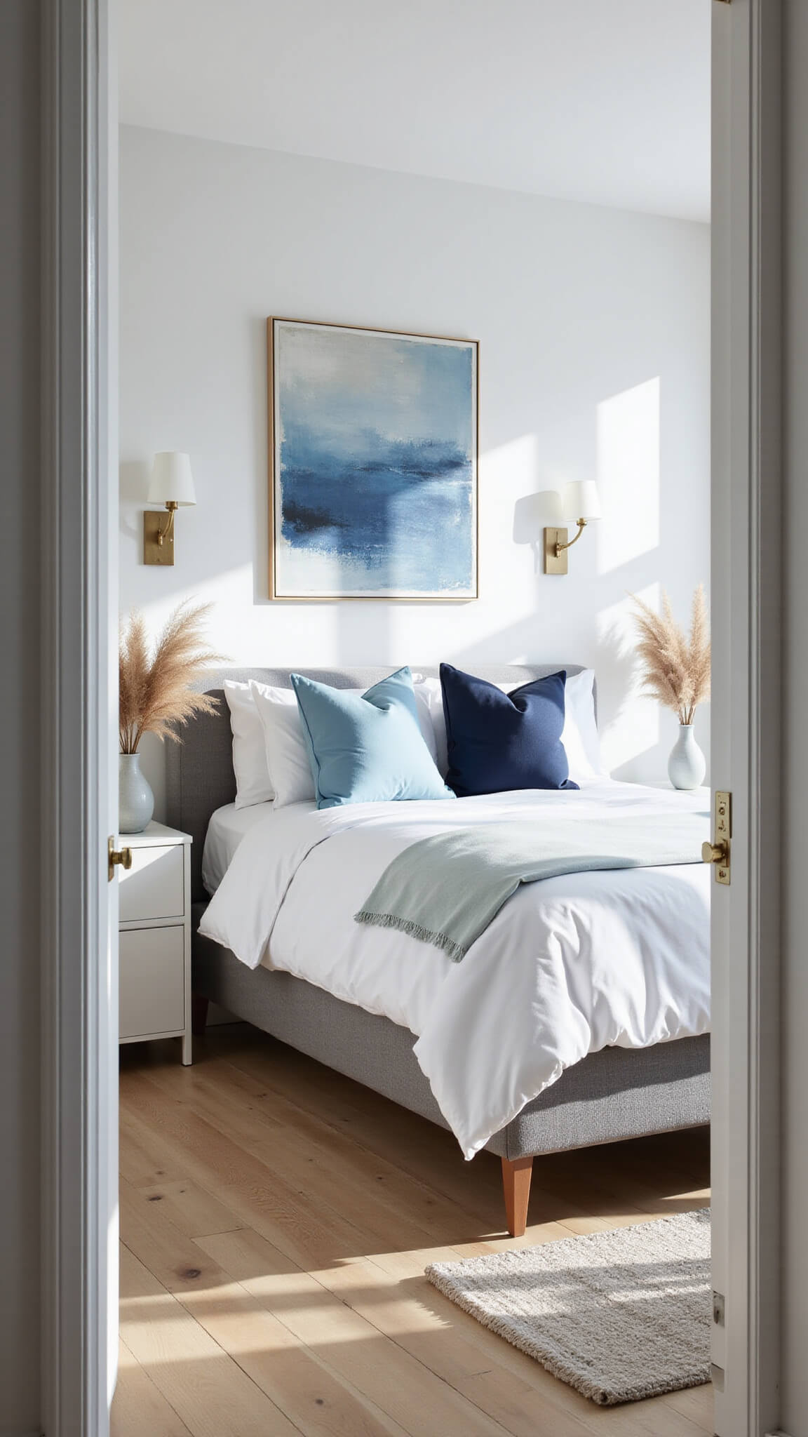 Minimal blue bedroom with king bed, white linens, abstract wall art, and sunlight streaming through floor-to-ceiling windows.
