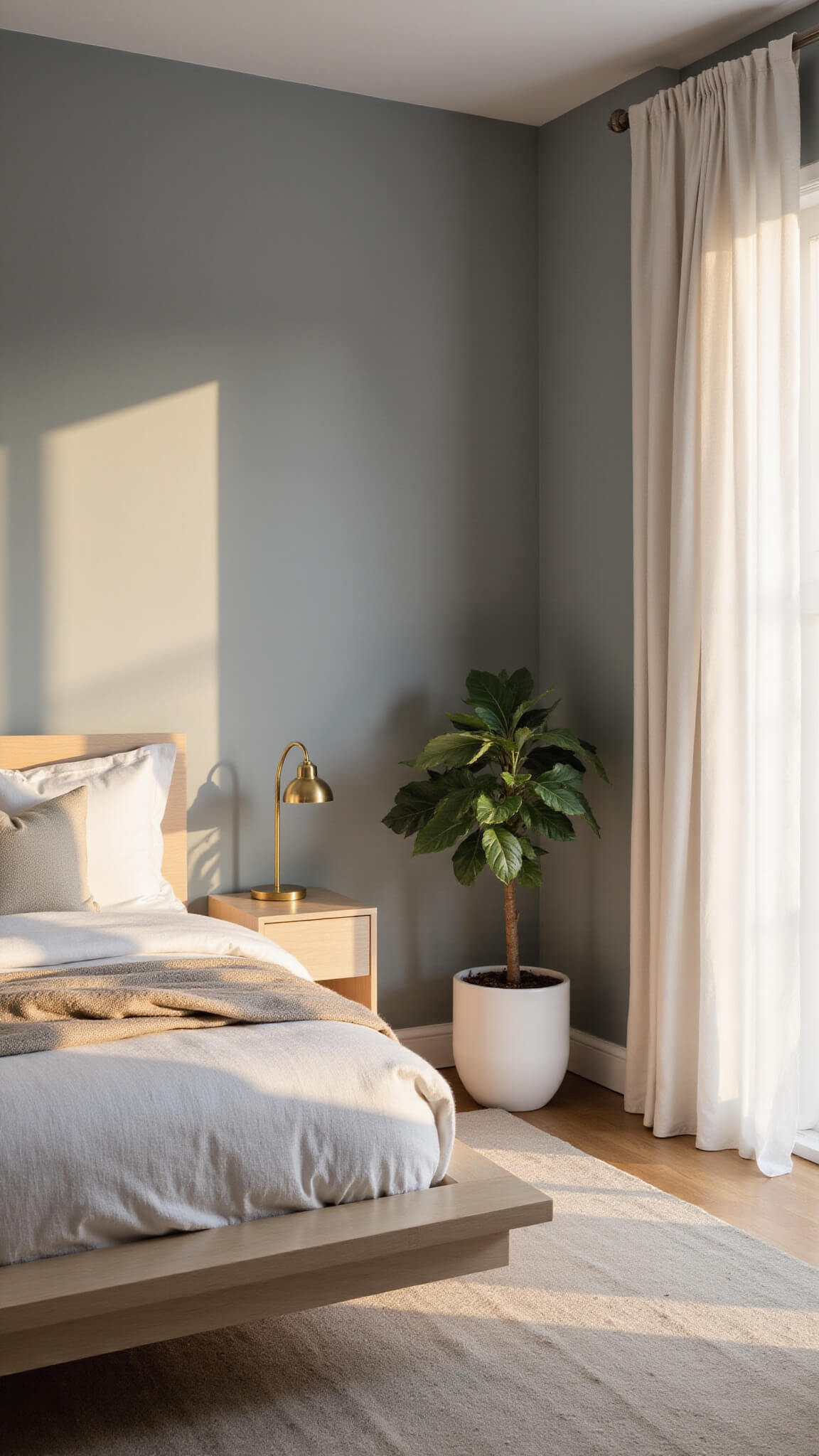 Contemporary 10x12ft bedroom with grey-blue walls, bleached oak platform bed, cream linens, sheer curtains, brass pendant light, and fiddle leaf fig in warm sunset light.
